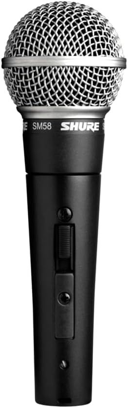 Displays the Shure SM58 microphone clearly on a white background to show the product's professional design, build quality, and branding.