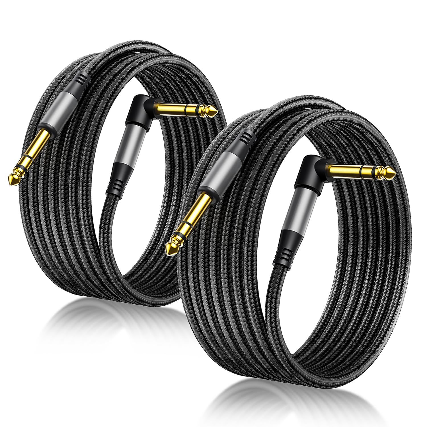 Displays two identical audio cables with premium braided construction and gold-plated connectors to communicate quality and durability, showing this is a…