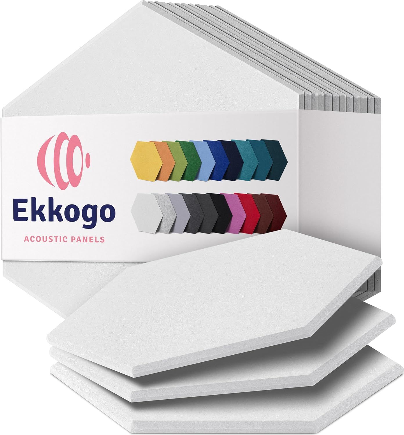 Shows the core product—hexagonal acoustic panels—in a multi-pack format to communicate what the buyer receives and the panel shape. Displays the wide range of color options available for the…