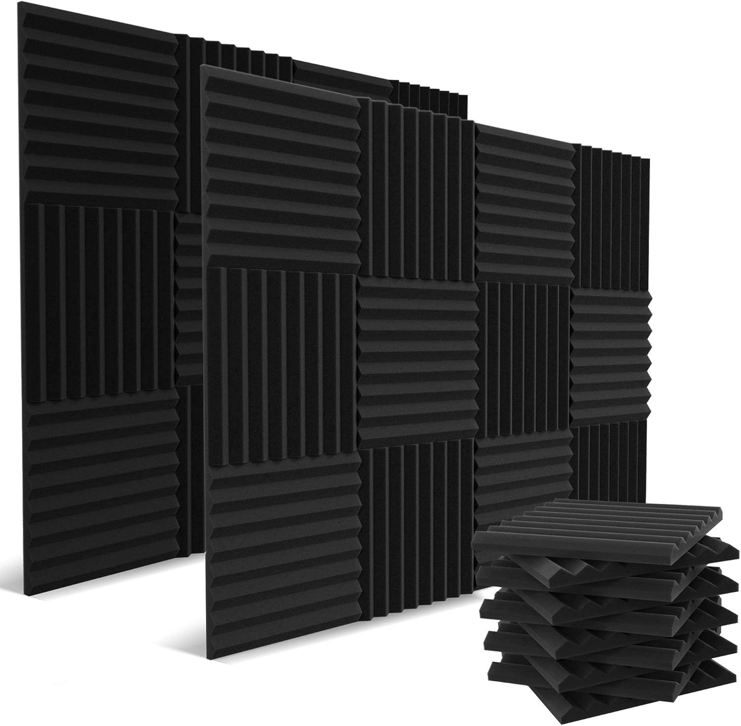 Displays the core product—acoustic foam panels in various patterns (wedge and ridge)—to show shoppers what they are purchasing and the variety included in the…
