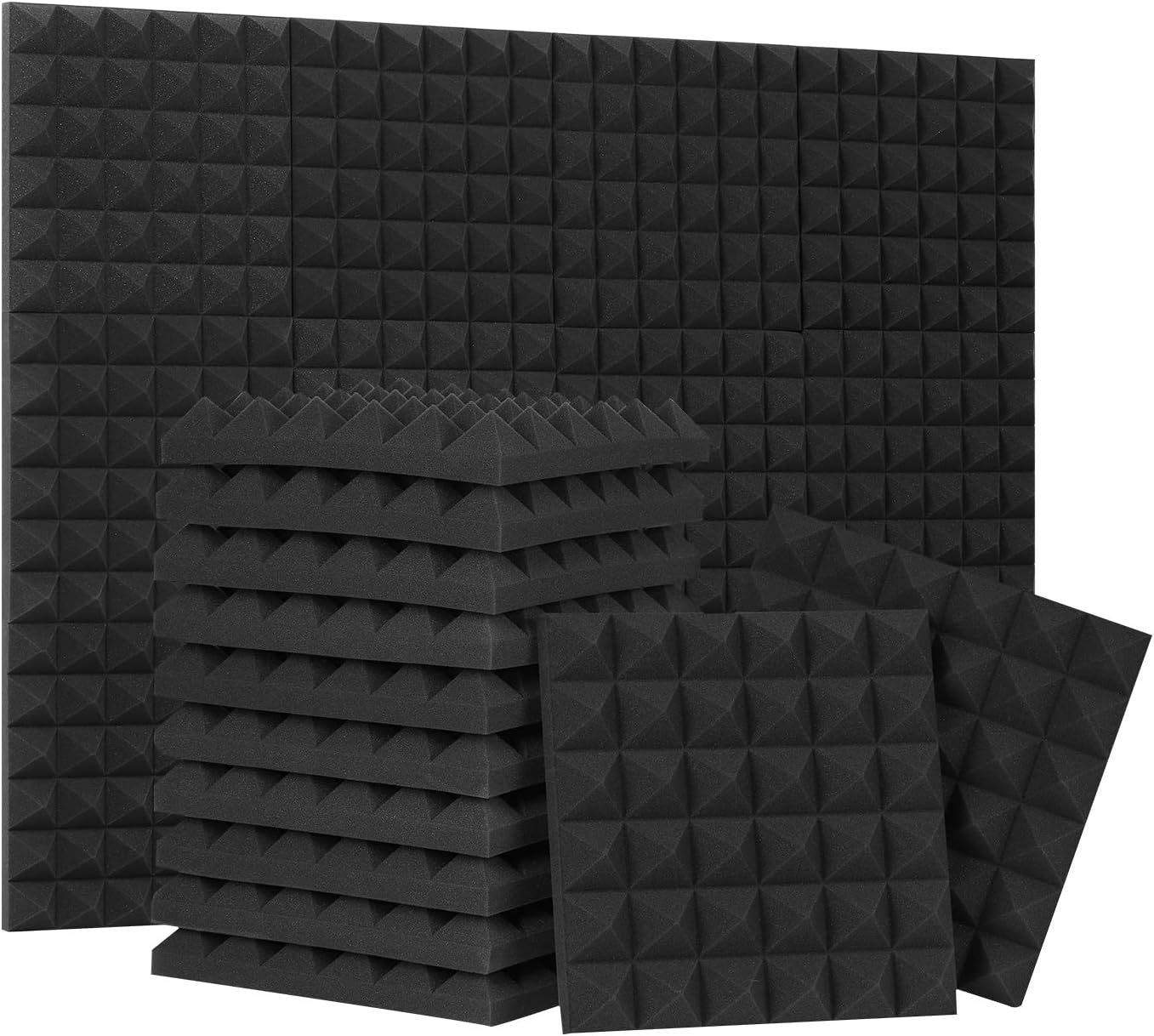 Shows the core product—acoustic foam panels with pyramid texture—in a multi-pack format to communicate quantity and value to shoppers looking for soundproofing or acoustic treatment solutions. Uses…