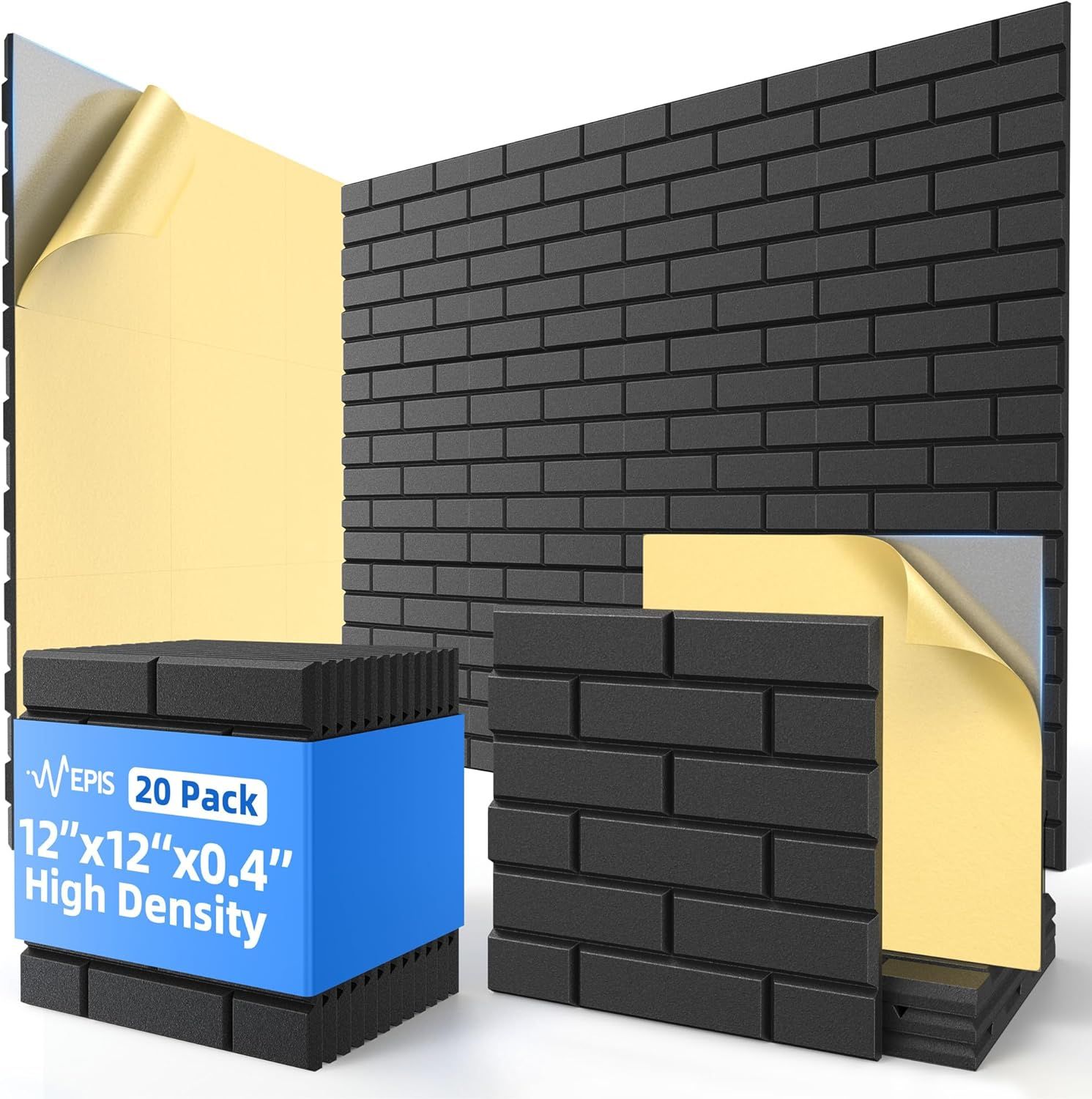 Shows the core product—self-adhesive foam brick wall tiles—with the peel-away backing visible to communicate ease of installation and the brick texture…