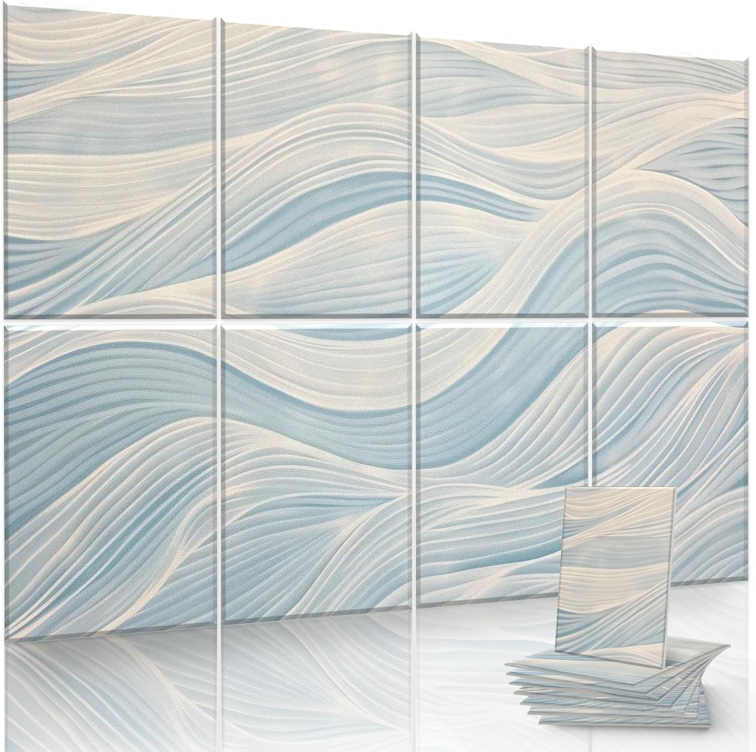 Shows the core product—decorative wall tiles with a flowing wave pattern in soft blue and cream tones—displayed both as installed panels and as individual tiles to communicate the design aesthetic…