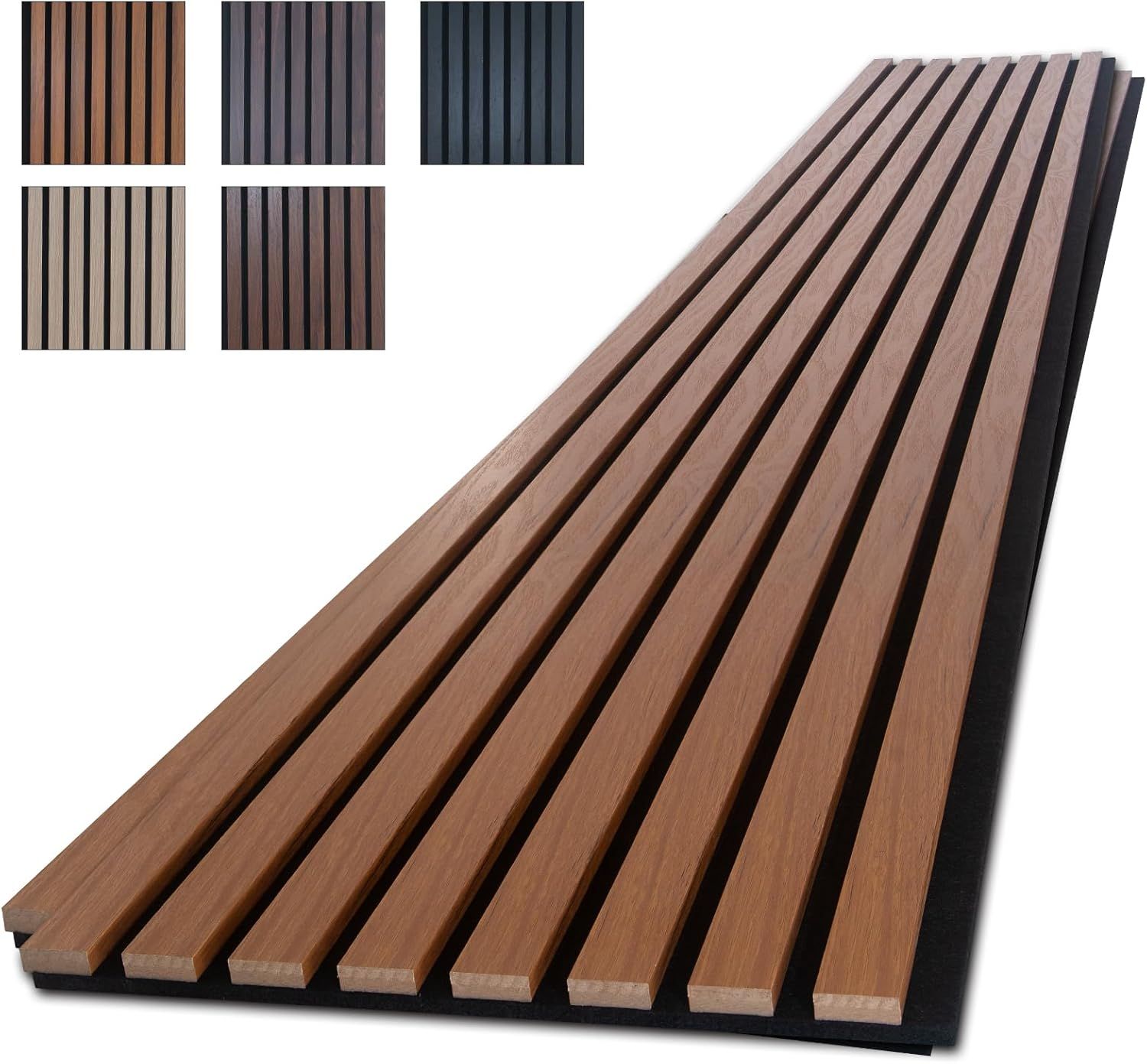 Shows the core product clearly with its slatted panel construction and wood-grain finish to communicate the design and aesthetic of the item. Displays five different color variations available for…