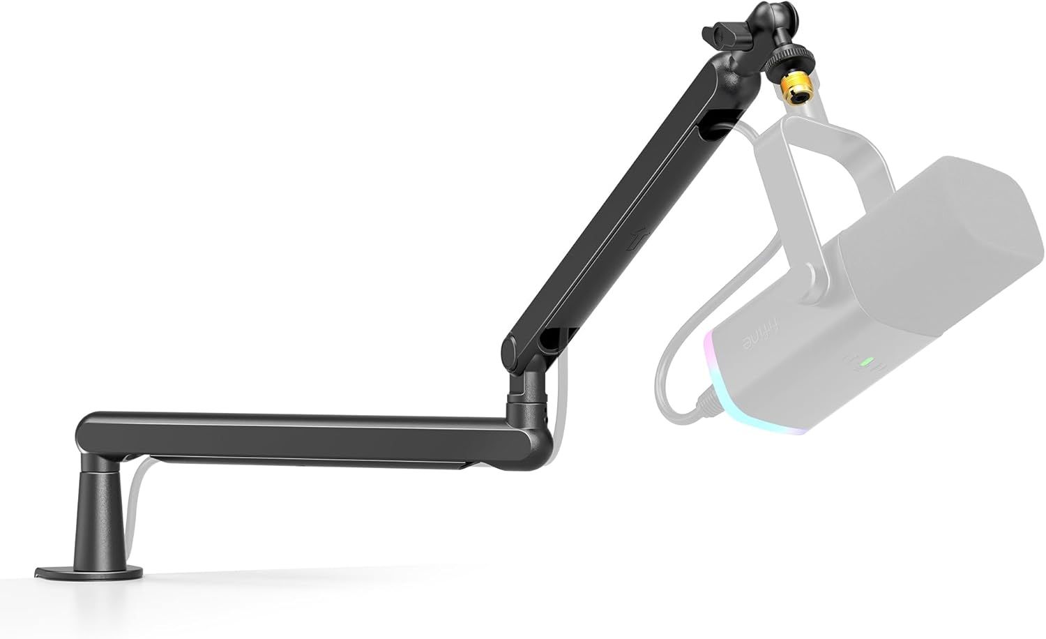 Shows the core product, an adjustable articulating arm mount designed to hold VR headsets, demonstrating its extended reach and positioning capability.…