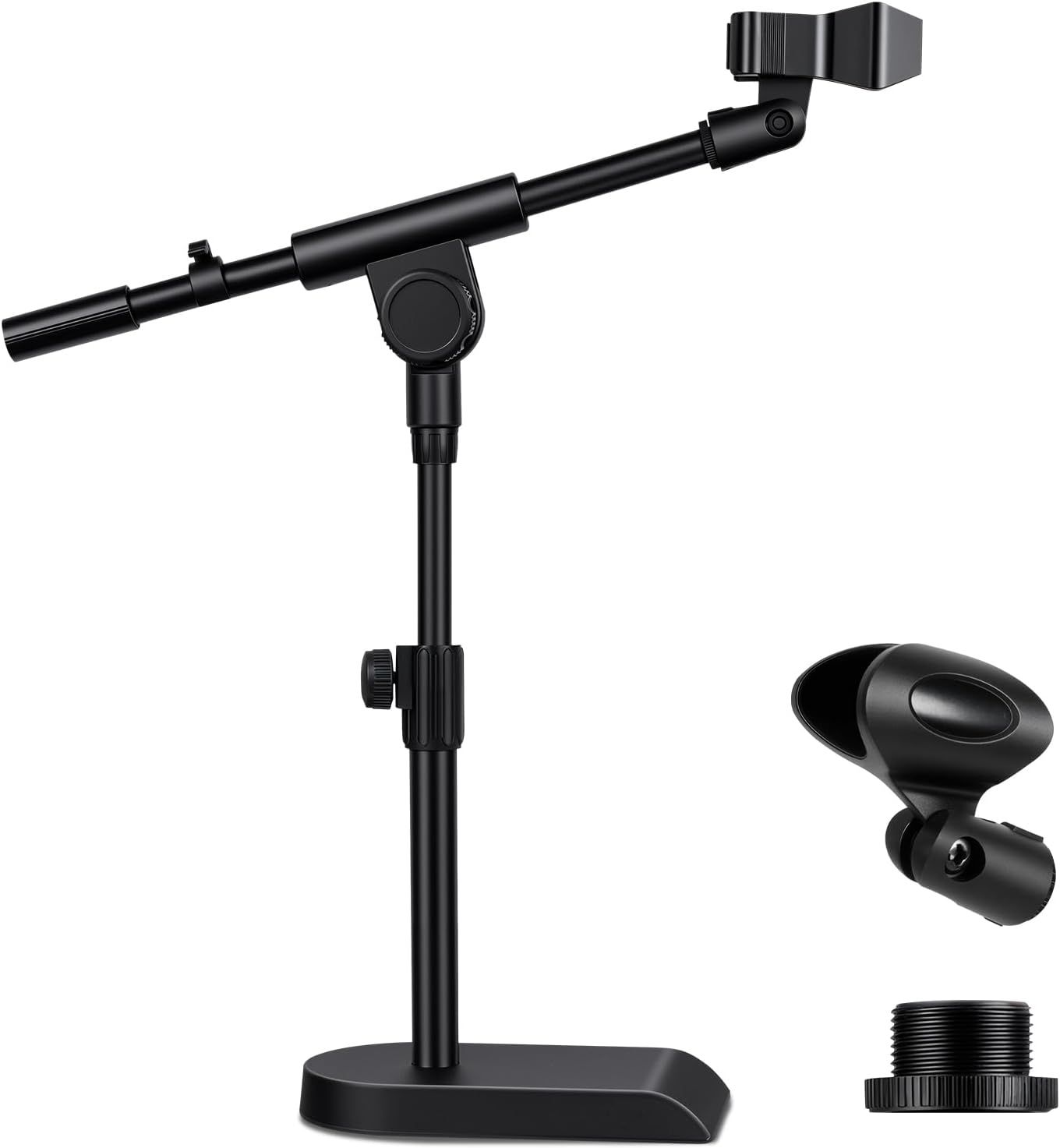 Displays the complete microphone stand system with phone holder and mounting accessories to show shoppers exactly what they will receive and how the…