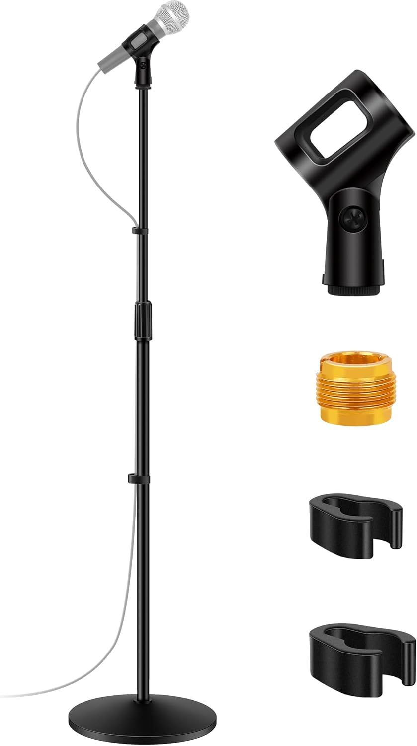 Shows the core microphone stand product along with included accessories to communicate what the buyer receives in the purchase. Displays all the included…