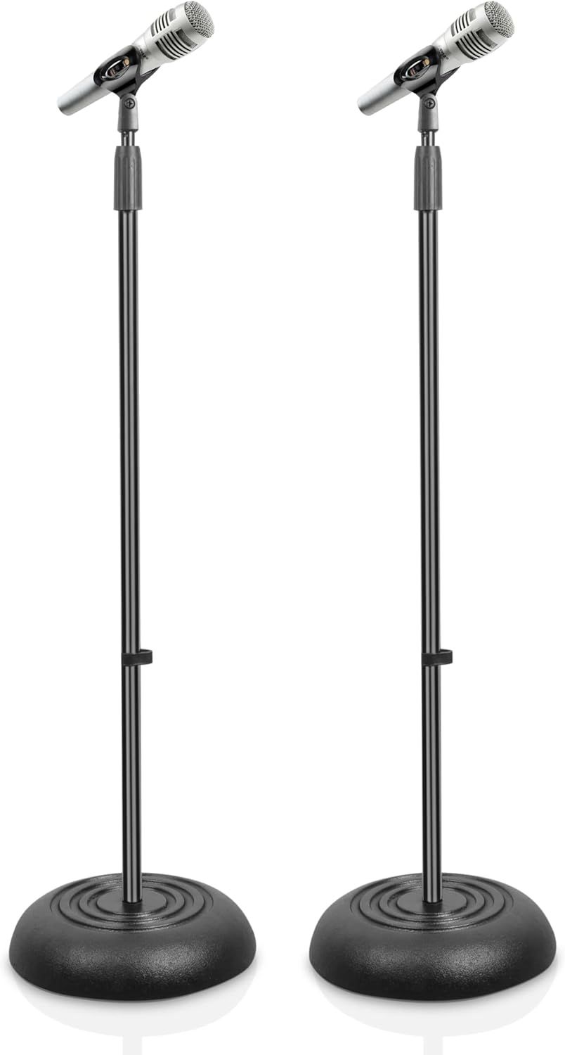 Shows two identical microphone stands with microphones to communicate that this is a 2-pack set, providing clear visibility of the complete product including…