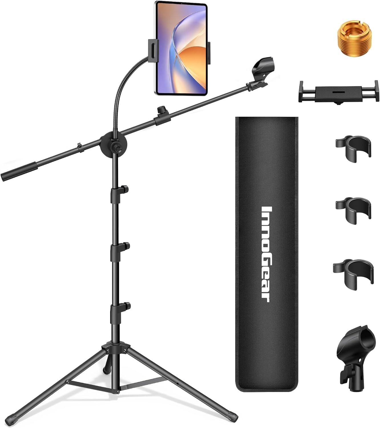 Displays the core product—a professional microphone stand with adjustable boom arm and tablet holder—along with all included accessories to show shoppers…