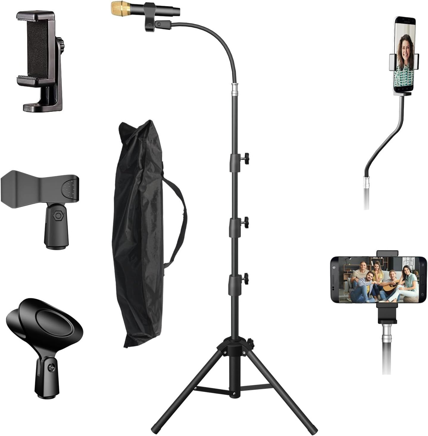 Displays the complete microphone stand kit with all included components and accessories, showing shoppers everything they will receive in the package.…