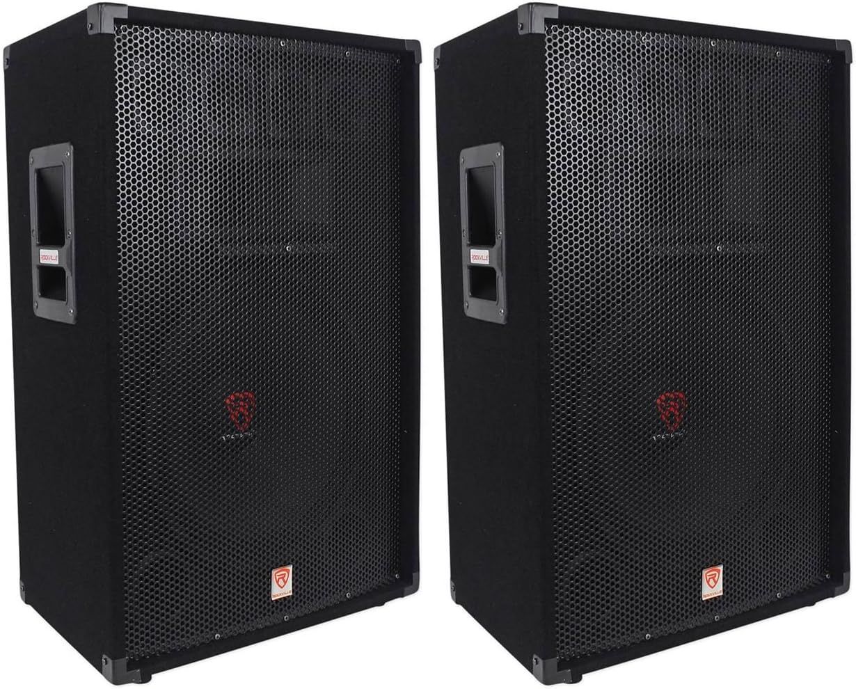 Shows the core product clearly - a pair of professional PA speakers with mesh grilles and side handles, allowing shoppers to see the exact item they will…