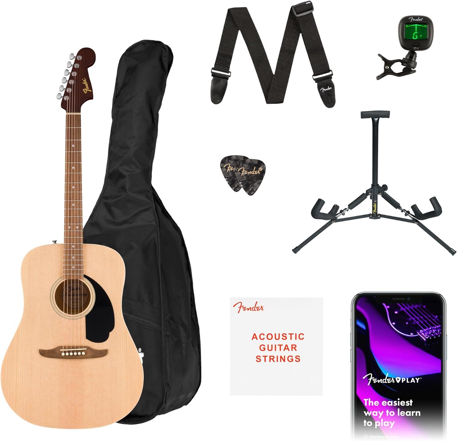 Displays the core product (acoustic guitar) along with all included accessories to show shoppers everything they receive in this complete starter package. Showcases the comprehensive set of included…
