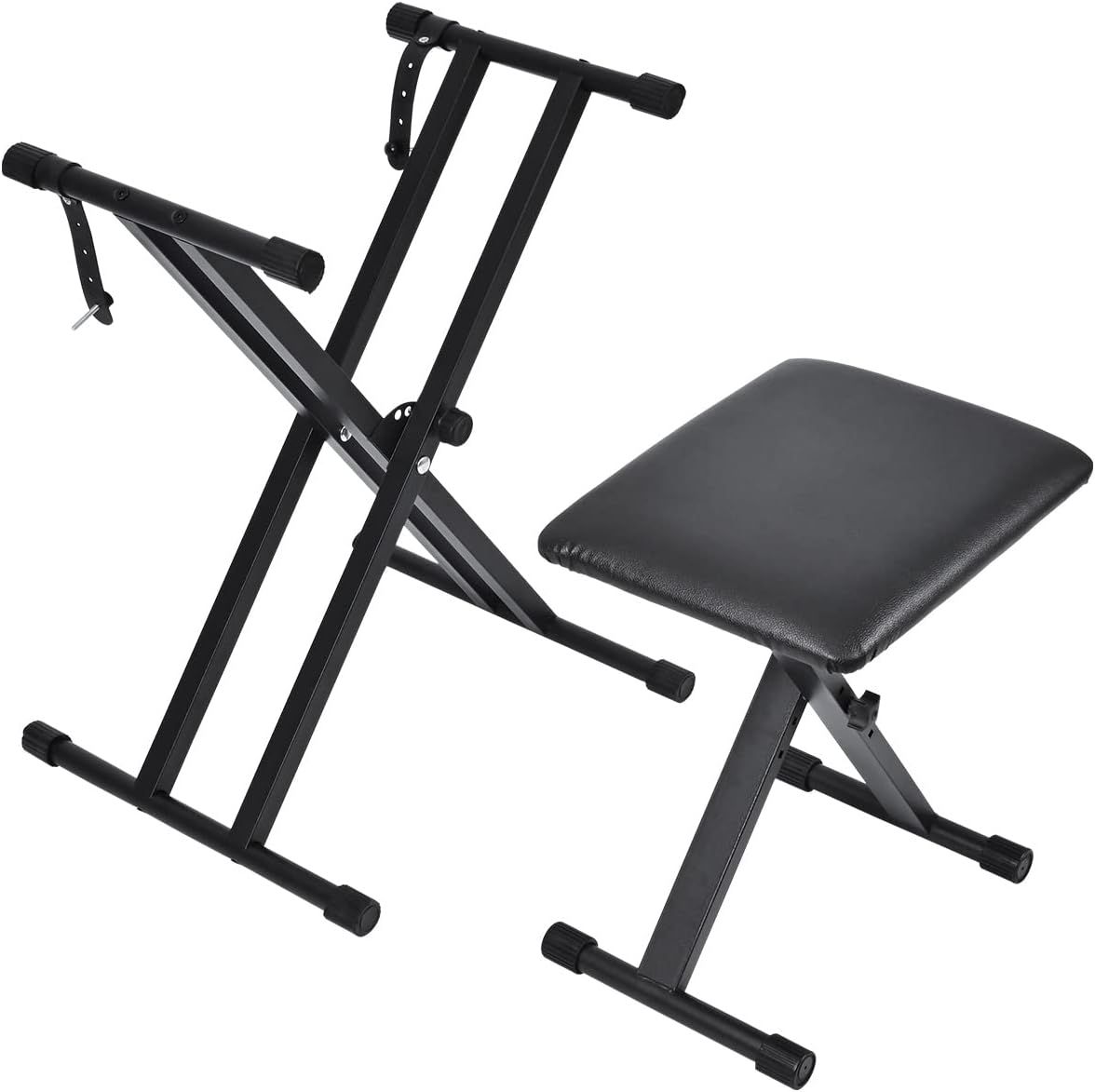 Shows the core product clearly on a white background to communicate what the buyer will receive: an adjustable keyboard stand and padded bench for musicians.