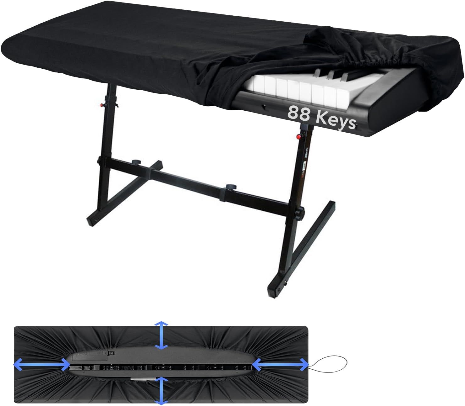 Shows the core product—a protective keyboard cover with an adjustable stand—demonstrating its fit for 88-key keyboards and its elastic design that stretches to cover the instrument. Demonstrates how…