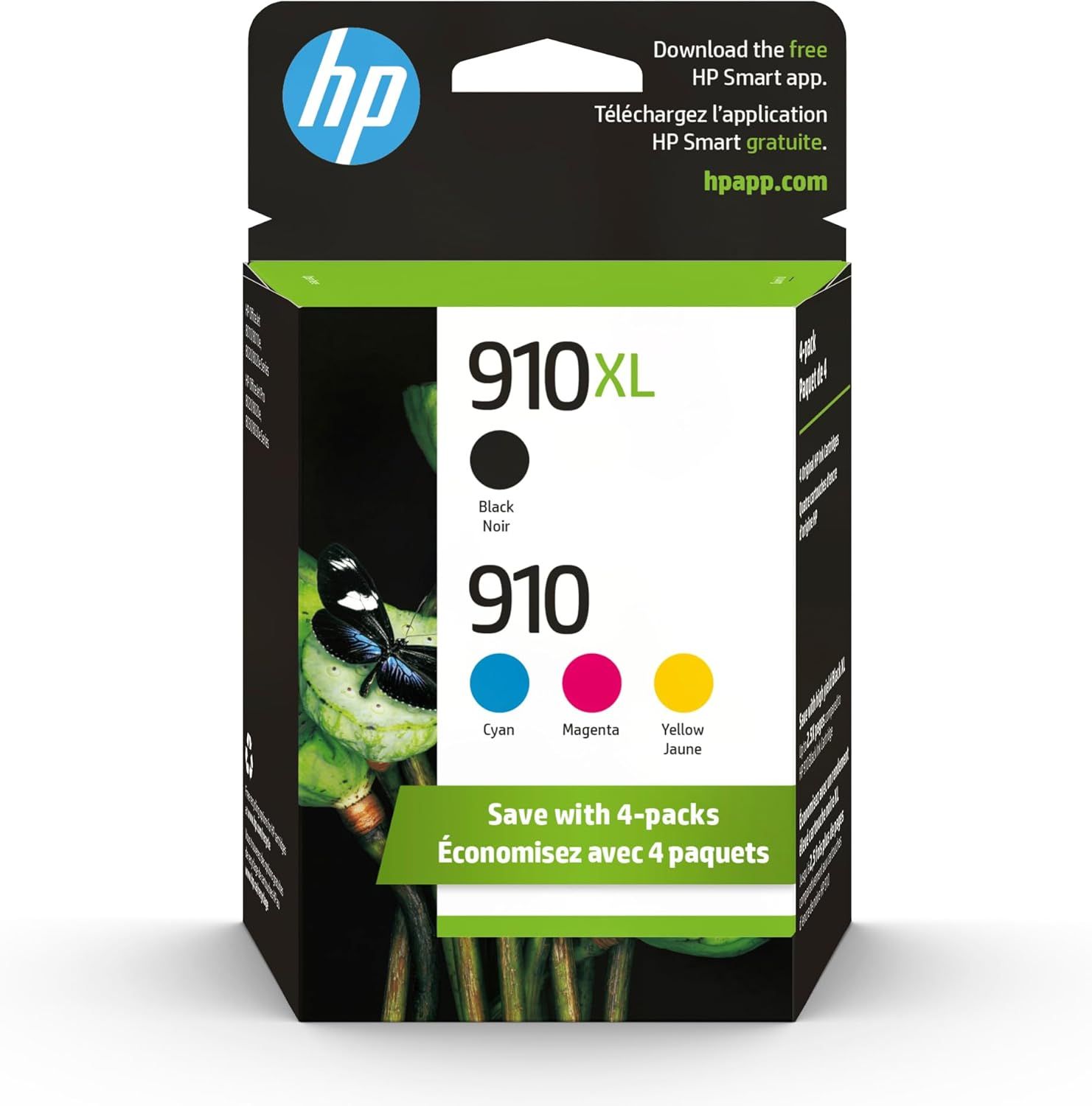 Shows the retail packaging for HP 910XL and 910 ink cartridges to help shoppers identify the product on shelves and understand they are purchasing a 4-pack bundle that includes black, cyan, magenta,…