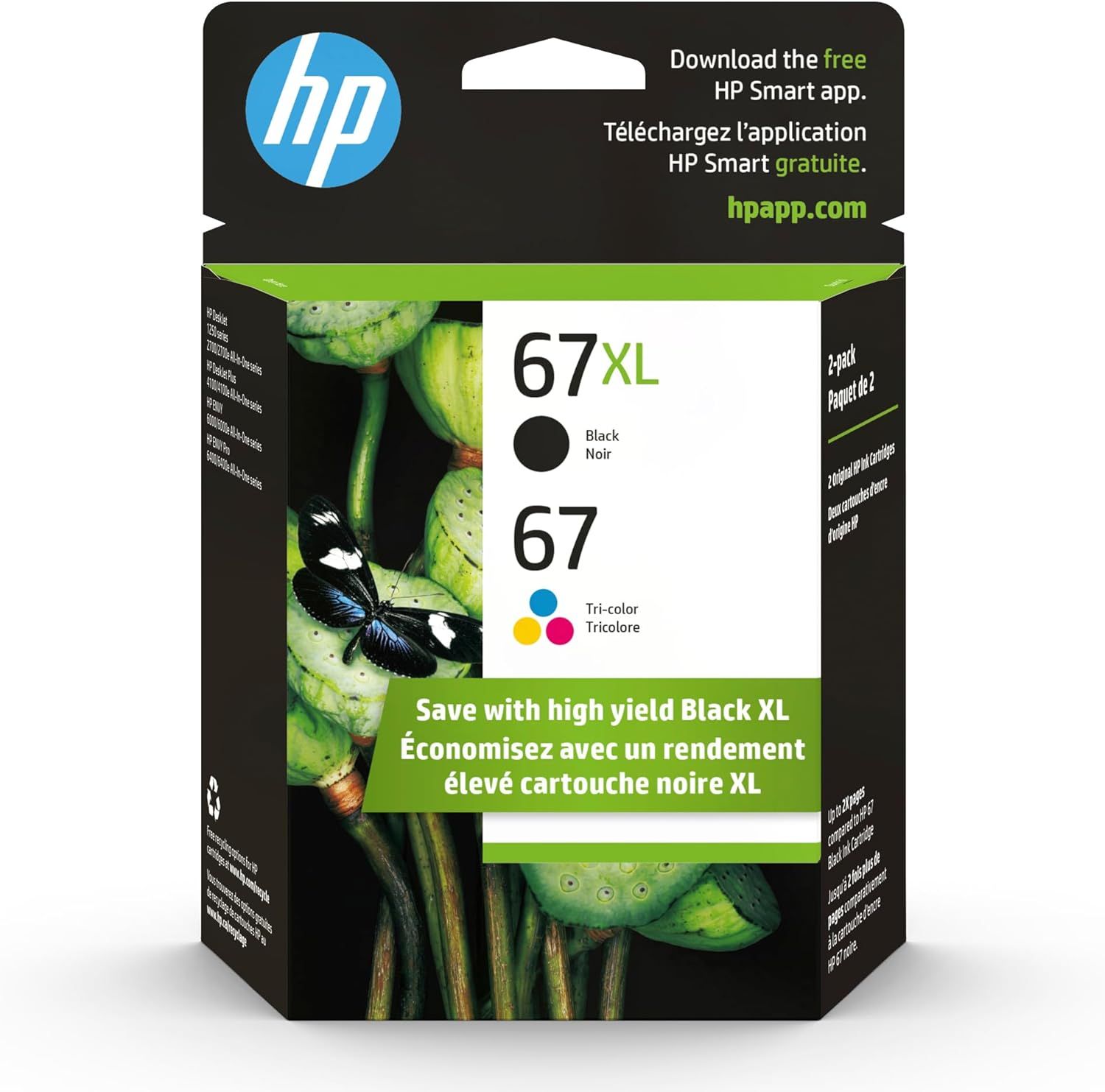 Shows the physical retail box the buyer will receive, displaying product details including cartridge numbers (67XL Black and 67 Tri-color), brand identity,…