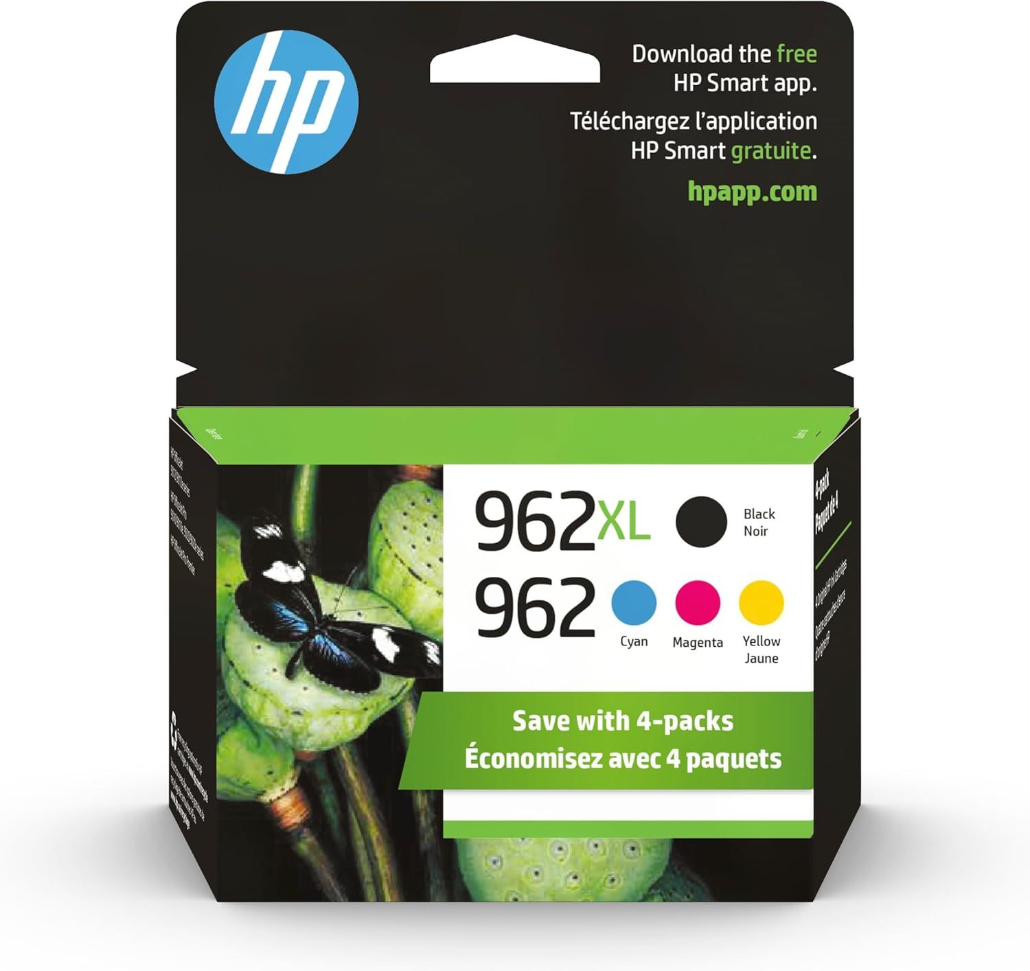 Shows the physical retail packaging the buyer will receive, featuring HP branding and clear labeling of the 4-pack ink cartridge bundle (962XL black and 962…