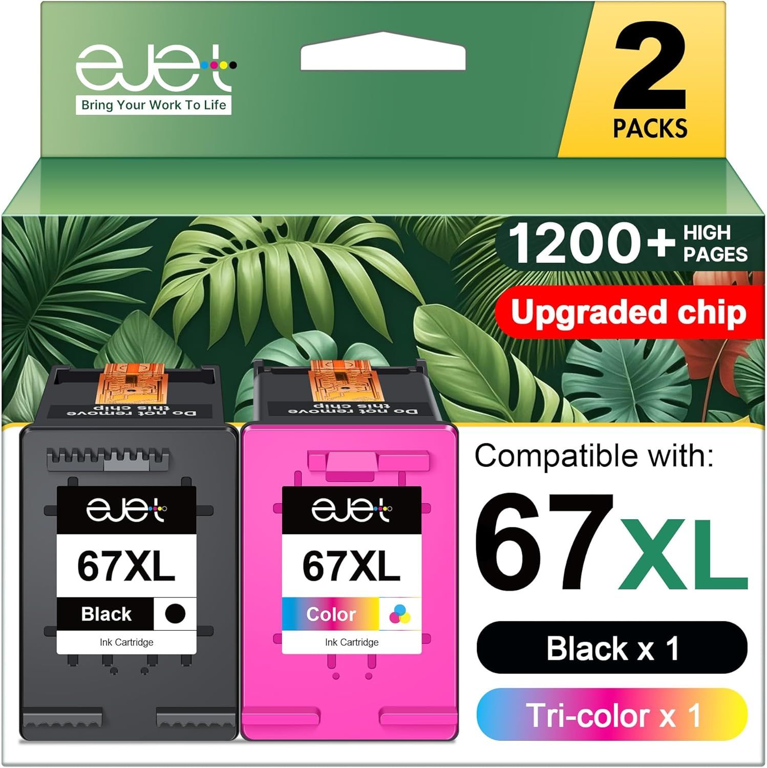 Shows the core product—two ink cartridges (black and tri-color)—with clear labeling of compatibility and page count to help shoppers quickly identify the…