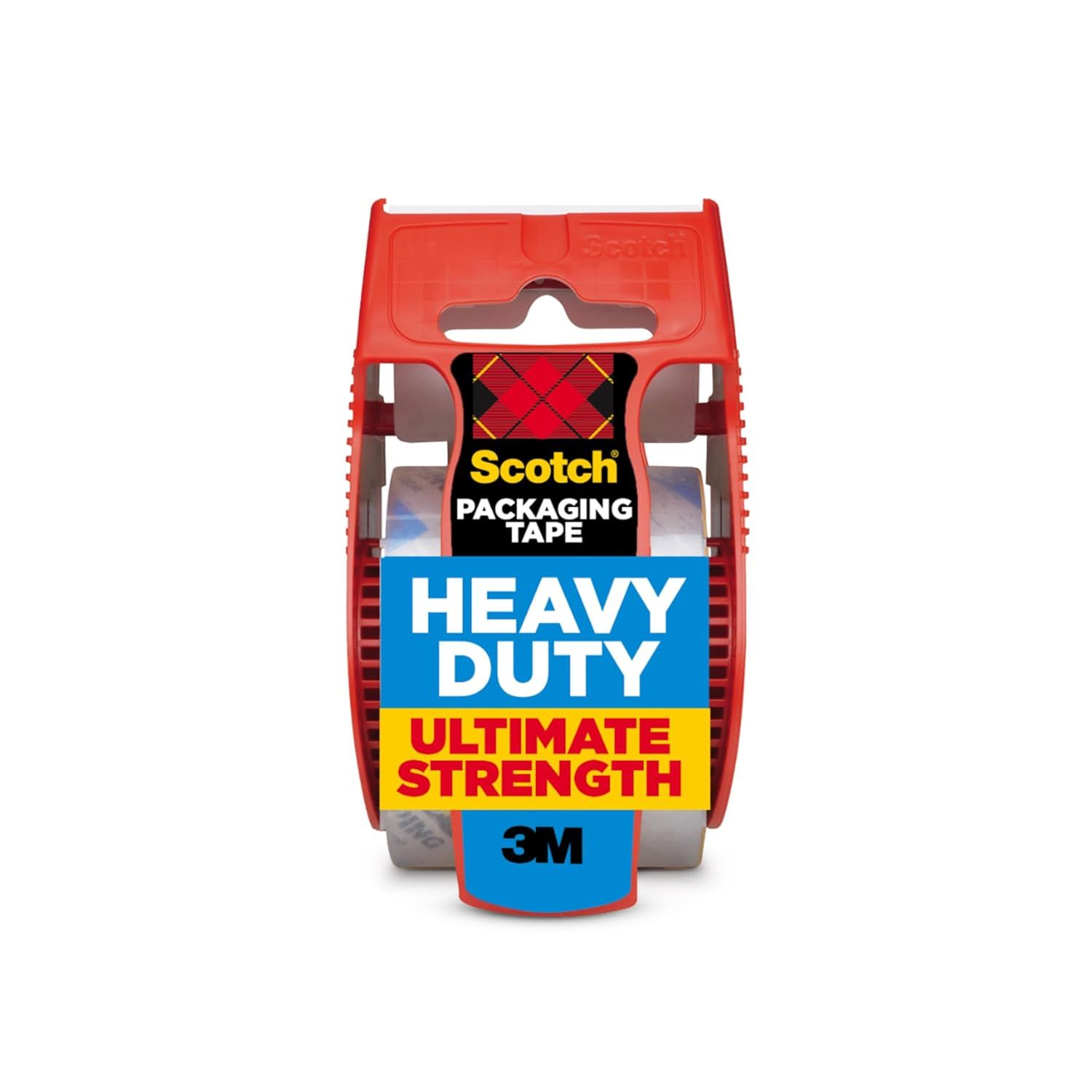 Shows the core product clearly - a Scotch Heavy Duty packaging tape with its integrated red dispenser, communicating the product identity and key feature of…