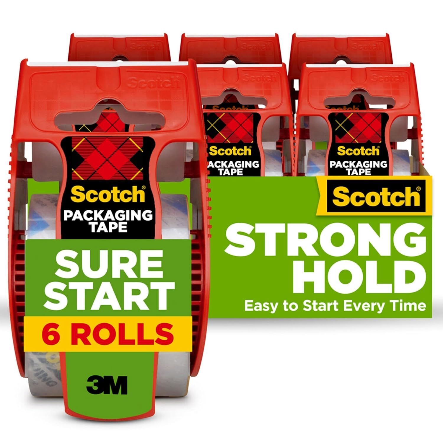 Shows the core sellable product—a 6-roll multi-pack of Scotch packaging tape with dispensers—clearly displayed so shoppers understand exactly what they are…