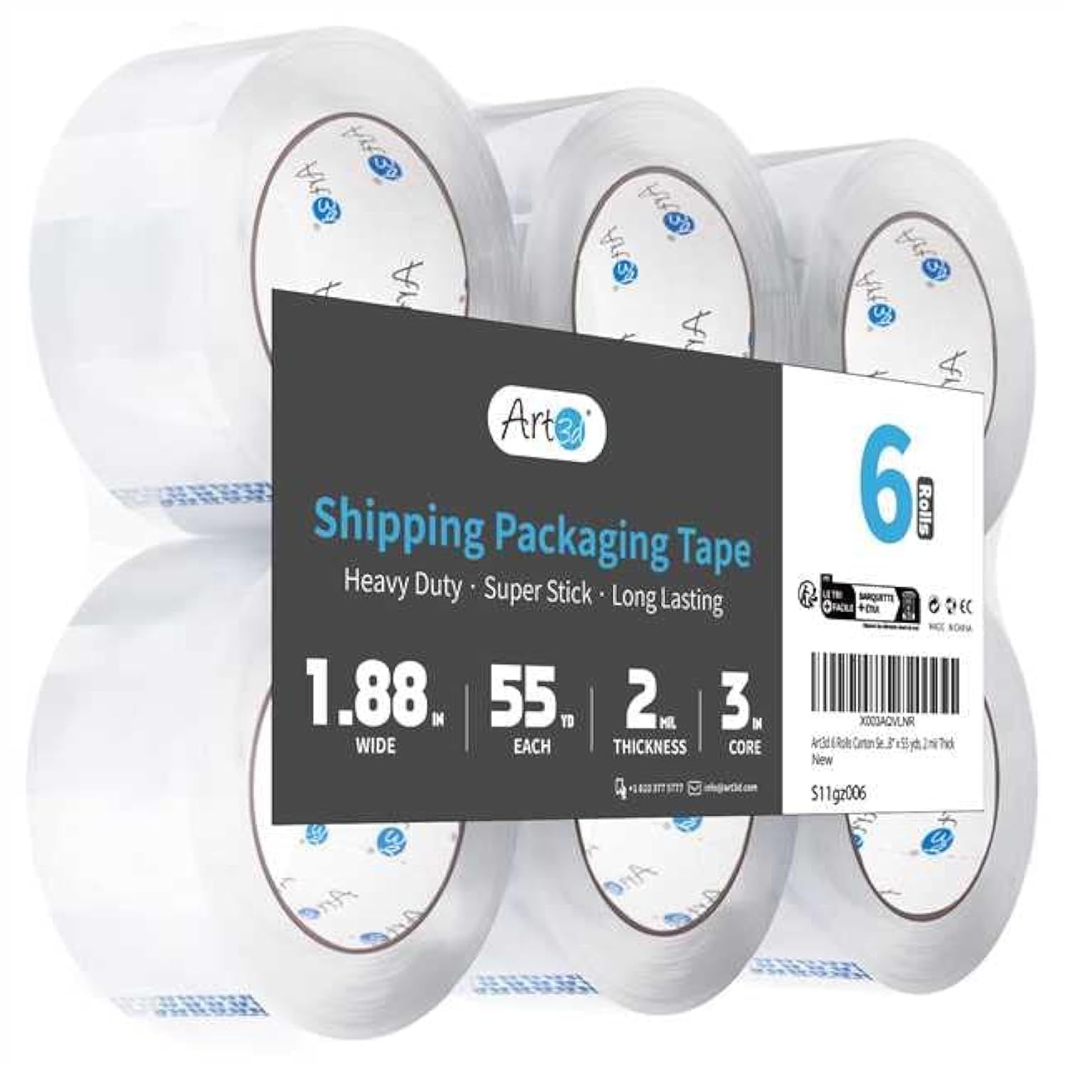 Shows the core product—a 6-pack of clear shipping/packaging tape—clearly displayed to communicate what the buyer will receive. Displays the retail packaging…