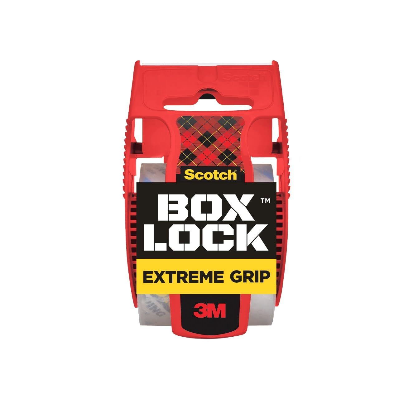 Shows the Scotch Box Lock packaging tape dispenser with its distinctive red dispenser and integrated tape roll, emphasizing the Extreme Grip feature for…