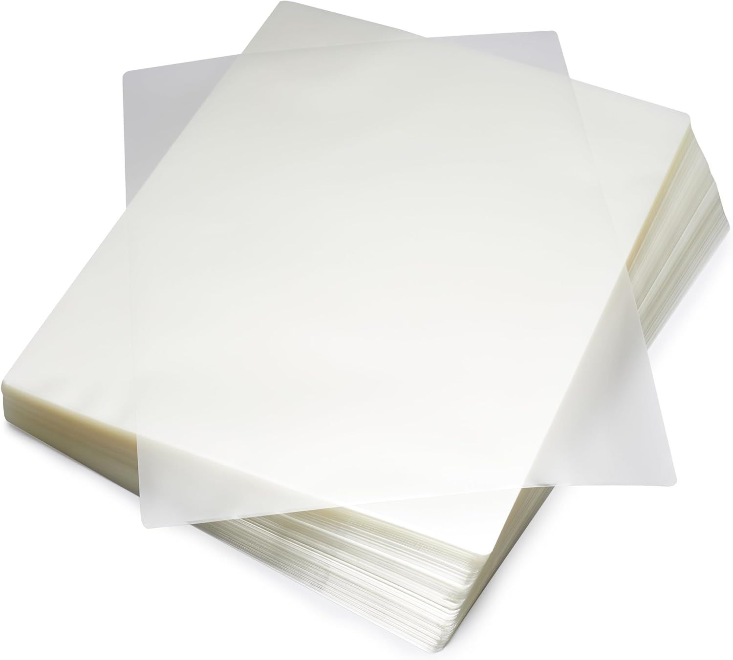 Shows the core product clearly on a white background, displaying multiple laminating pouches in different sizes to communicate what the buyer will receive.