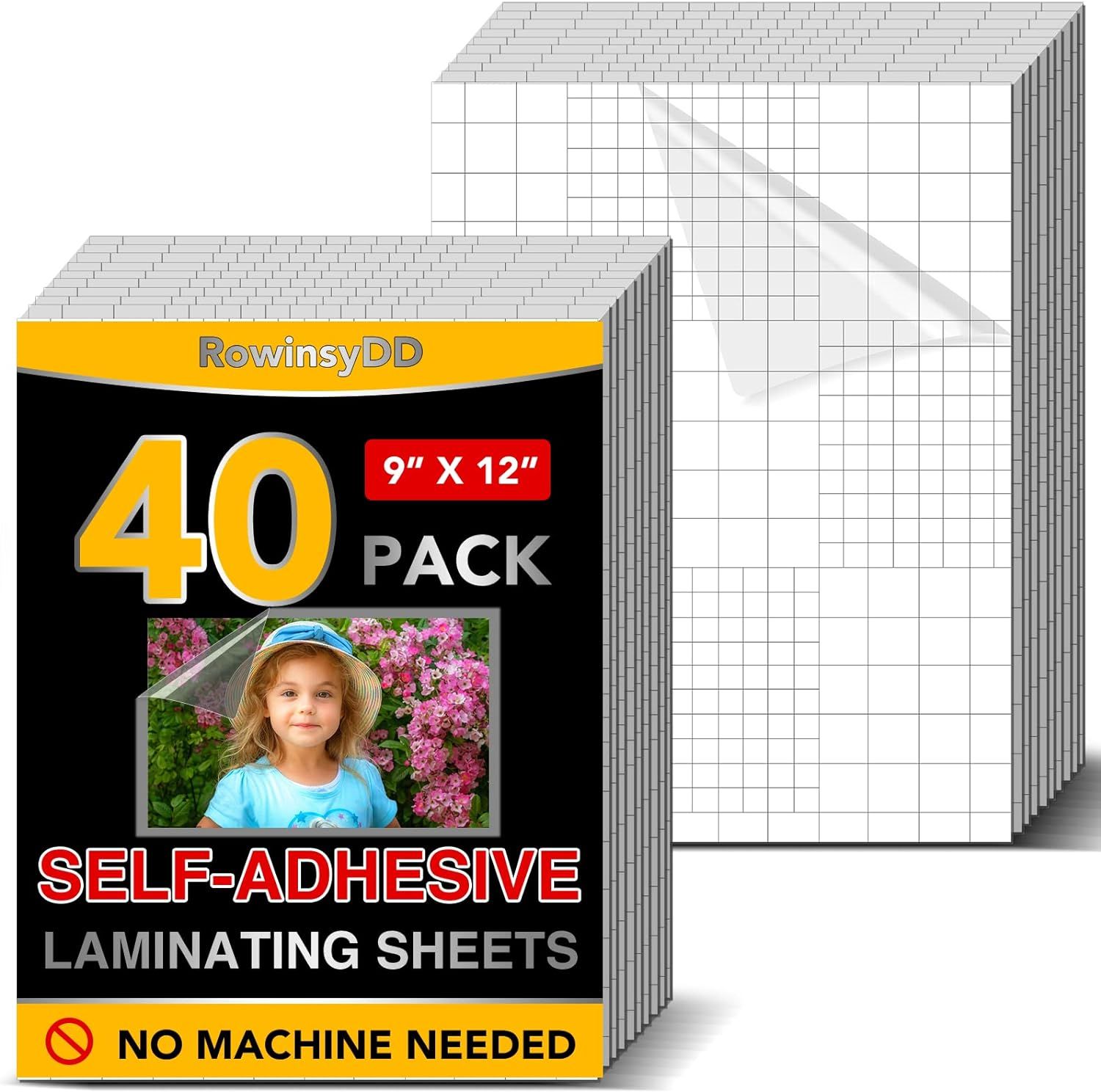 Shows the core product—a 40-pack of self-adhesive laminating sheets—with clear packaging and a stack of sheets to communicate quantity and what the buyer…