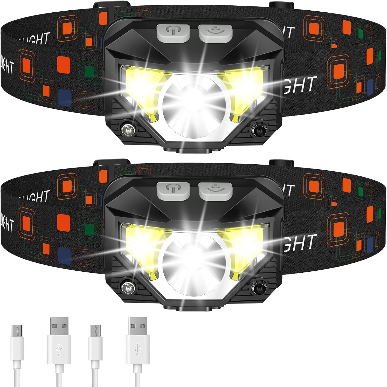 Shows the core product—two identical LED headlamps with adjustable straps and included USB charging cables—to communicate what the buyer receives in this…