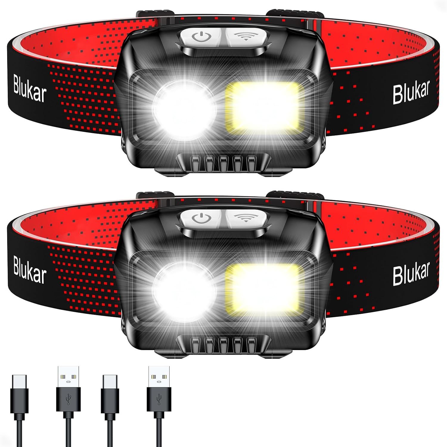 Shows the core product—a rechargeable LED headlamp with dual light modes—clearly displayed to communicate its design, functionality, and included charging cables. Demonstrates the headlamp actively…