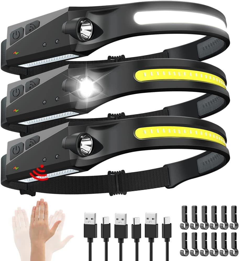Displays the core product clearly showing the headlamp design with multiple lighting modes and motion-activated functionality to help shoppers understand what they are purchasing. Demonstrates the…