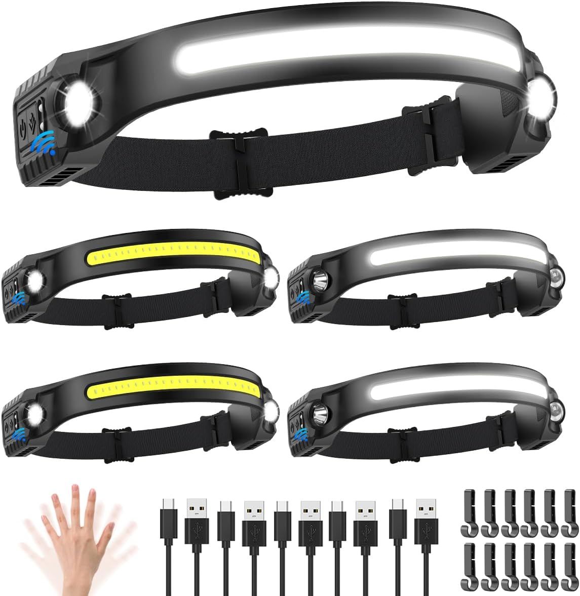 Shows the core product—a rechargeable LED headlamp—with multiple units displayed to demonstrate different lighting modes and features, reassuring shoppers of…