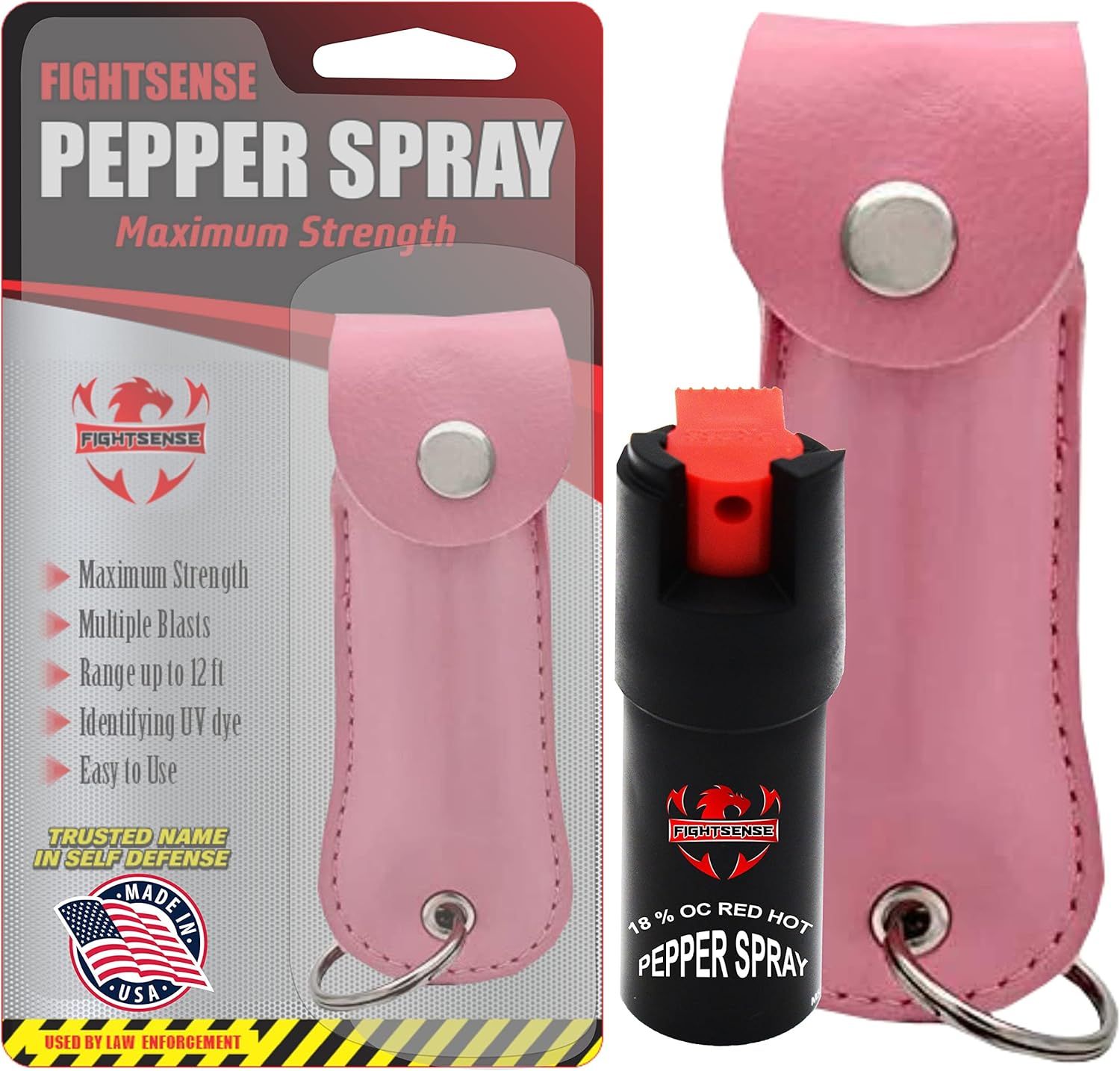 Shows the core product - a pepper spray canister with its pink leather carrying case - clearly displayed both in packaging and out of package to communicate what the buyer will receive. Displays the…