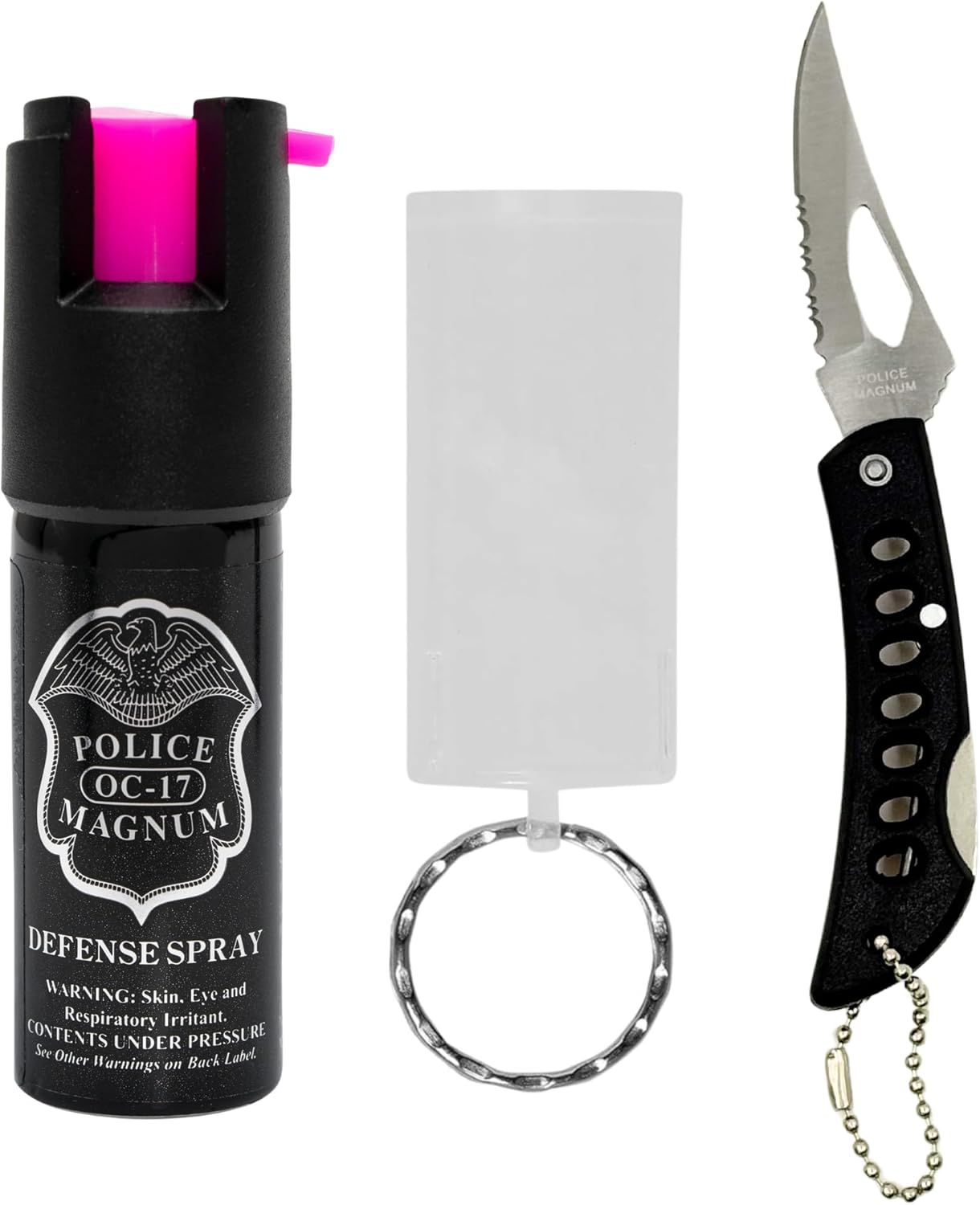 Displays the complete self-defense kit including pepper spray, keychain alarm, and folding knife to show shoppers all included items in one clear catalog view. Shows all three distinct self-defense…