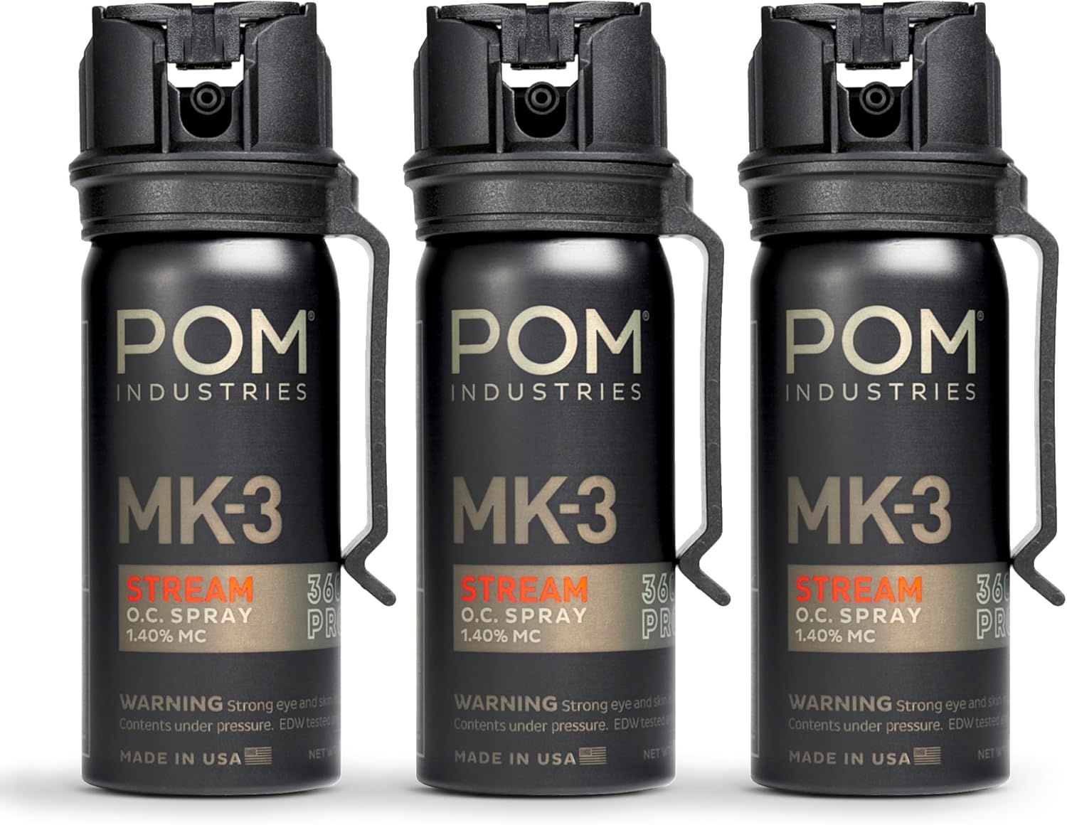 Shows three identical units of the POM MK-3 pepper spray to communicate that this is a multi-pack purchase, allowing shoppers to see the product design,…