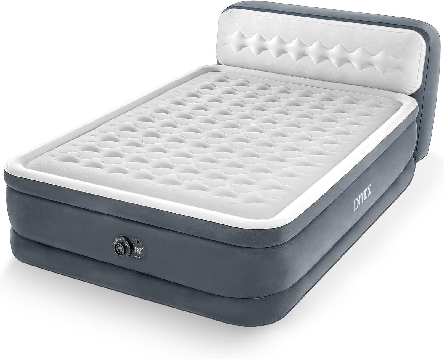 Displays the core product, an inflatable air mattress with integrated headboard and built-in pump, showing its elevated design and quilted comfort surface to…