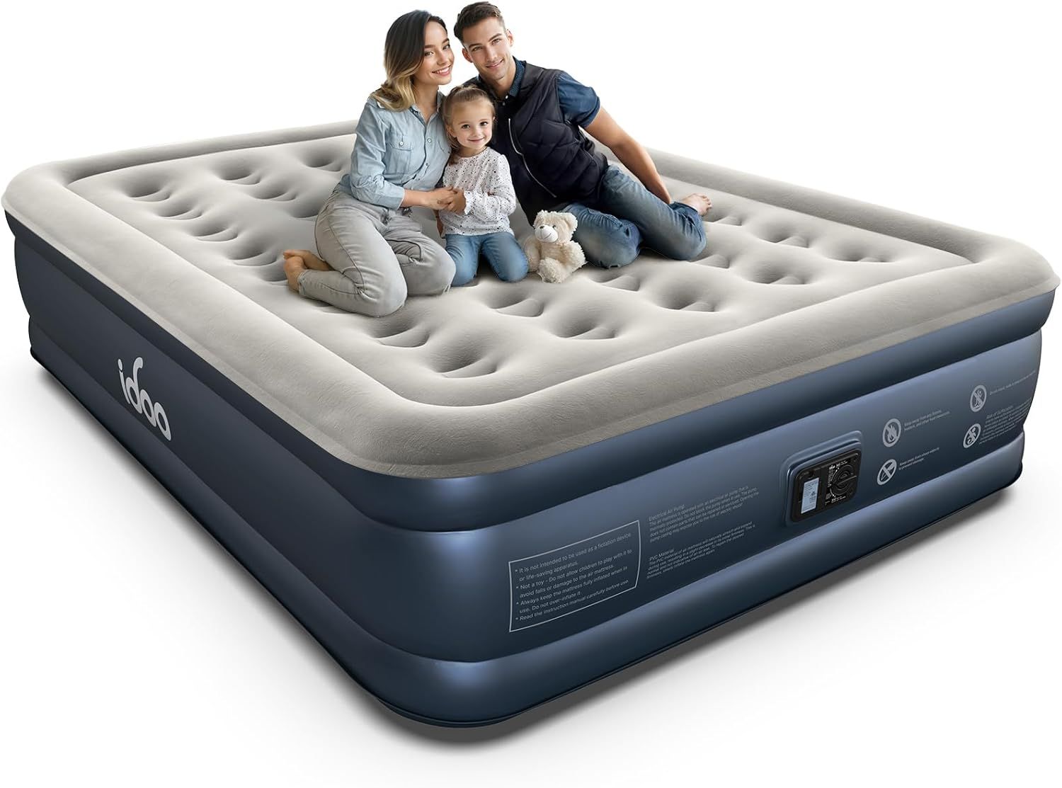 Shows a family of three comfortably sitting on the air mattress to demonstrate its spacious size, weight capacity, and suitability for family use. Displays…