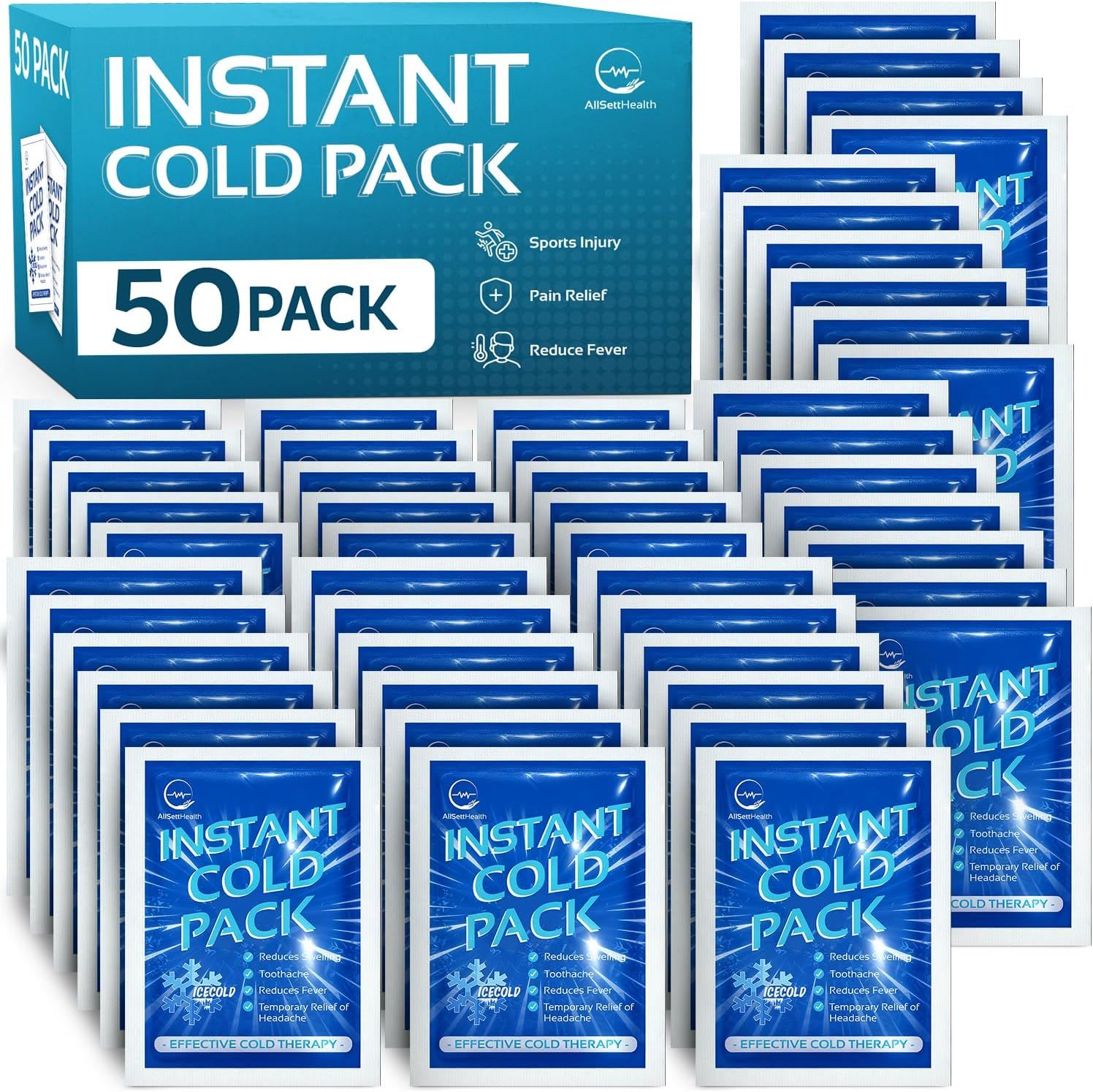 Shows the core product—a 50-pack of instant cold packs—clearly displayed with retail packaging to communicate quantity and what the buyer receives. Displays…