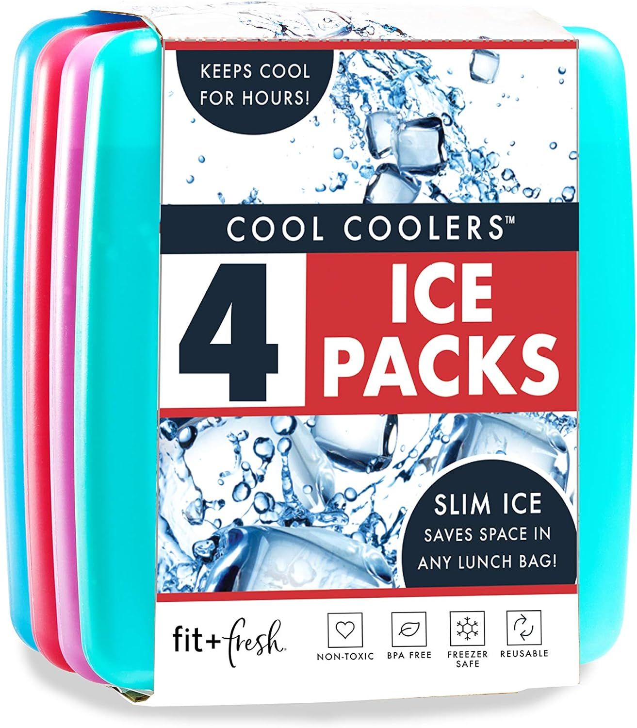 Shows the core product—a set of four slim reusable ice packs in different colors—clearly displayed to communicate what the shopper will receive. Displays the retail packaging label that communicates…