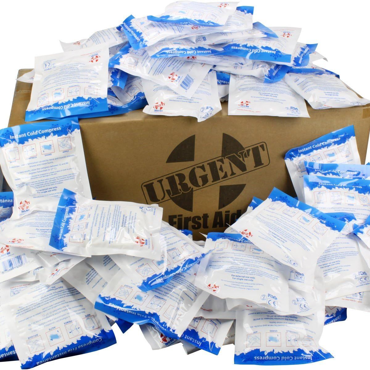 Shows the large quantity of instant cold compress packs included in the purchase, emphasizing value and preparedness for first aid needs. Displays the URGENT…