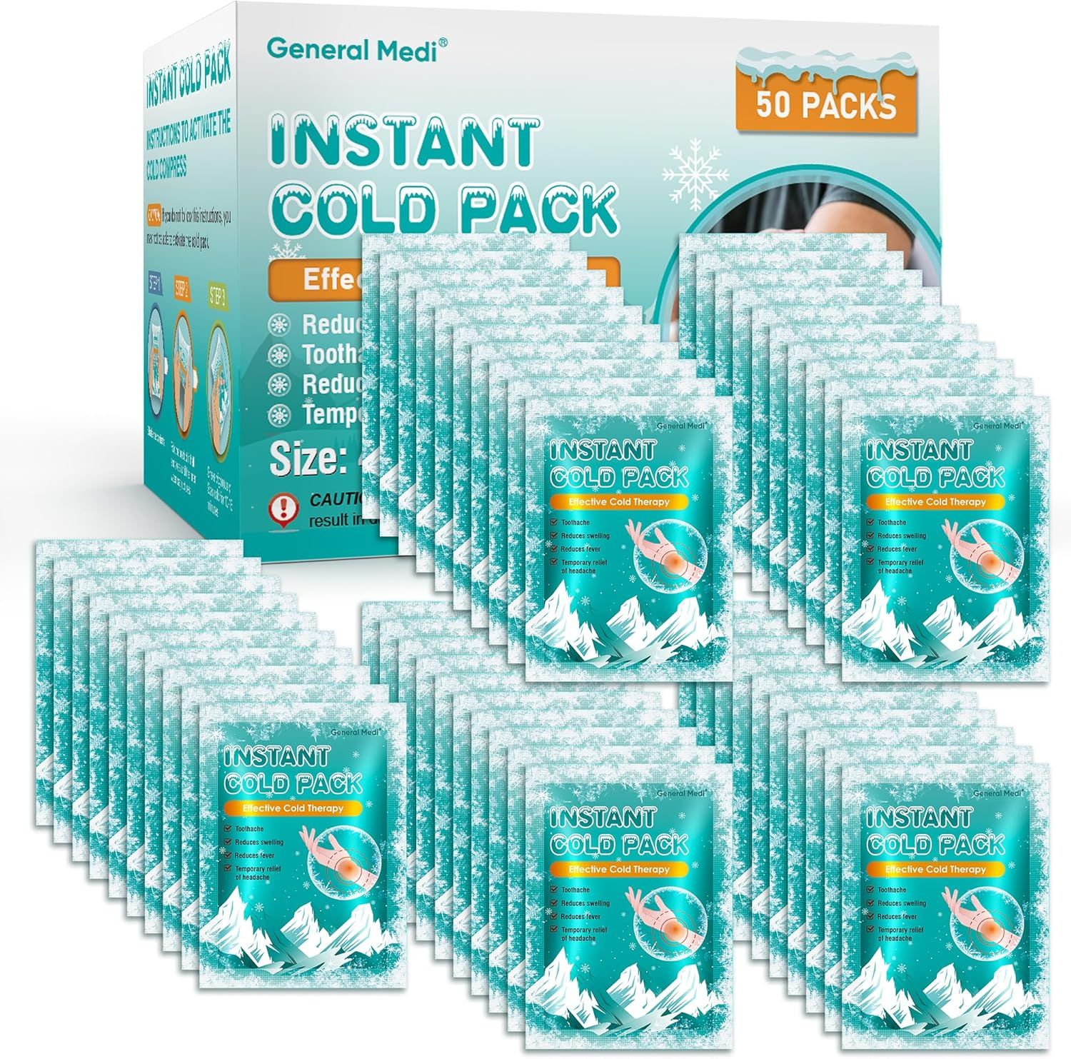 Displays the core product—a 50-pack of instant cold packs—clearly showing both the retail box and the individual cold pack sachets to communicate quantity and…