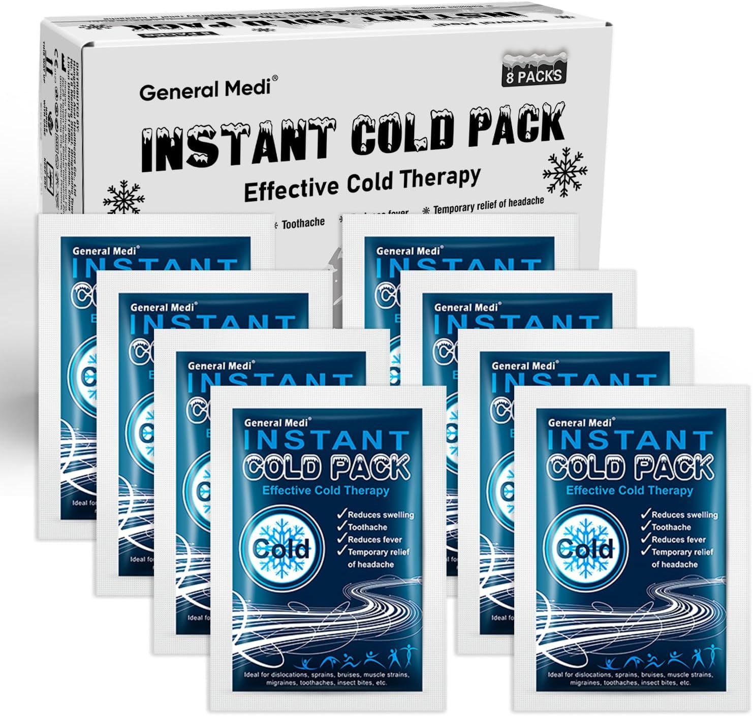 Shows the complete product offering of 8 instant cold pack pouches with their retail packaging, clearly displaying what the buyer will receive. Displays the…