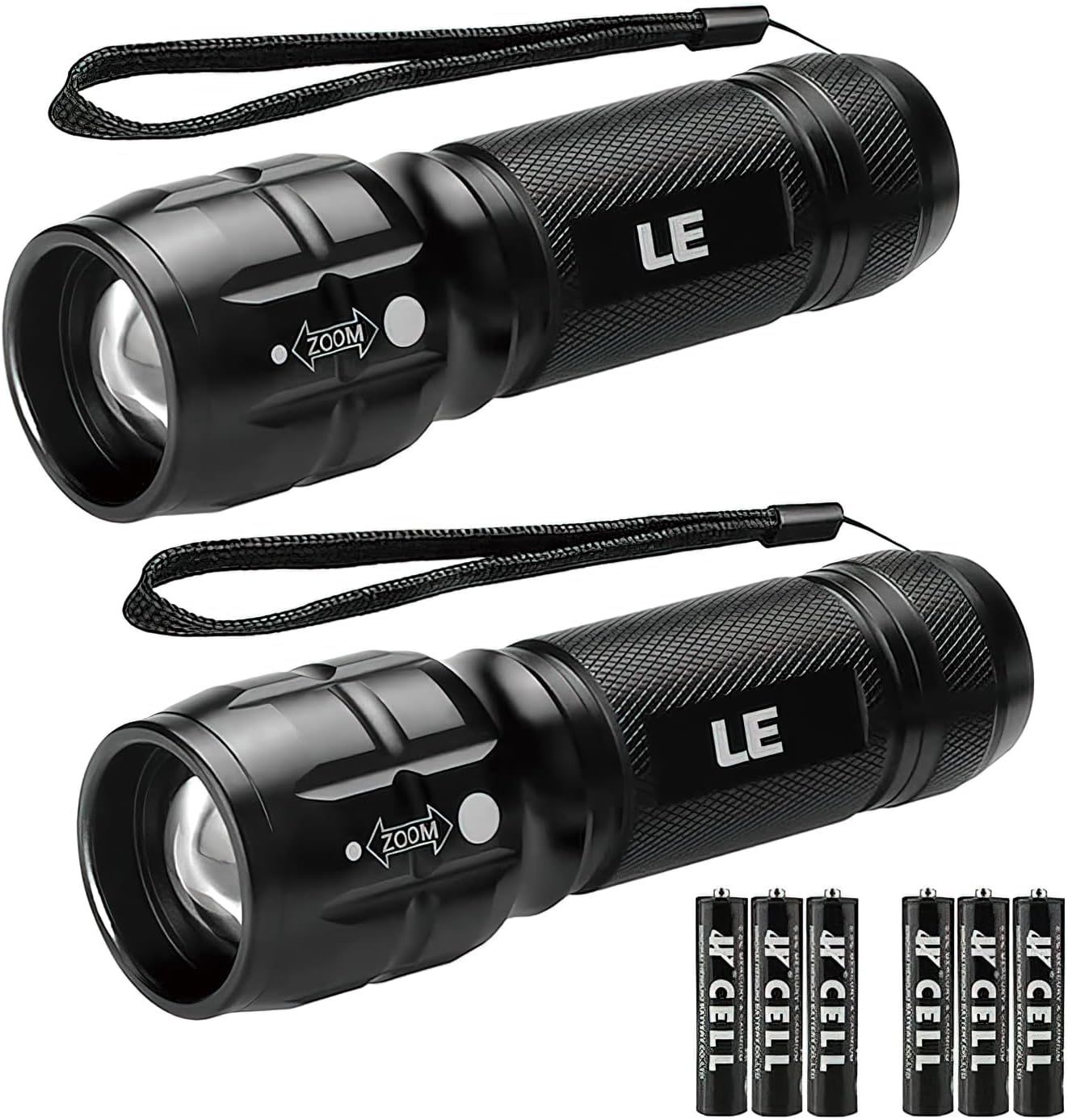 Shows two identical tactical flashlights with zoom functionality and textured grip design to communicate the core product features and that this is a 2-pack offering. Displays the included AAA…