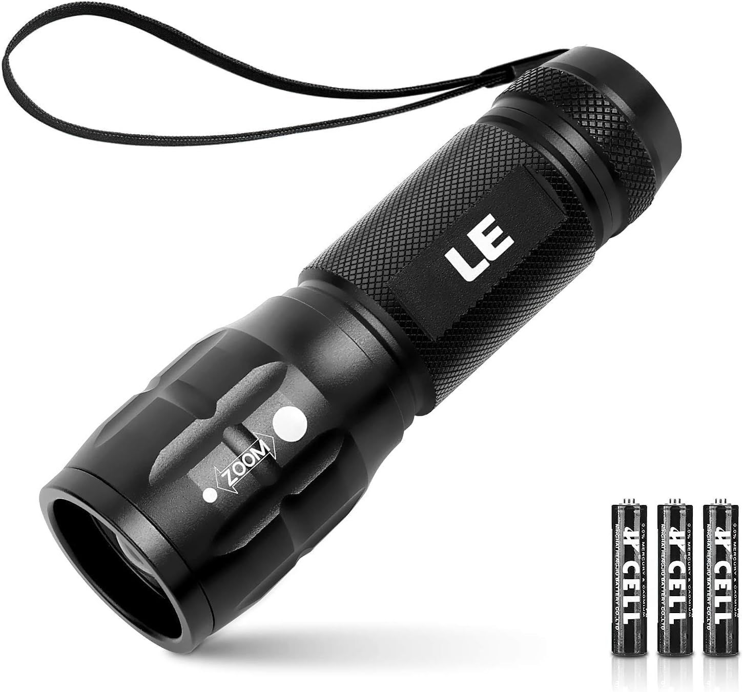 Shows the core product clearly on a white background to help shoppers understand what they are purchasing - a tactical LED flashlight with textured grip and zoom capability. Demonstrates that three…