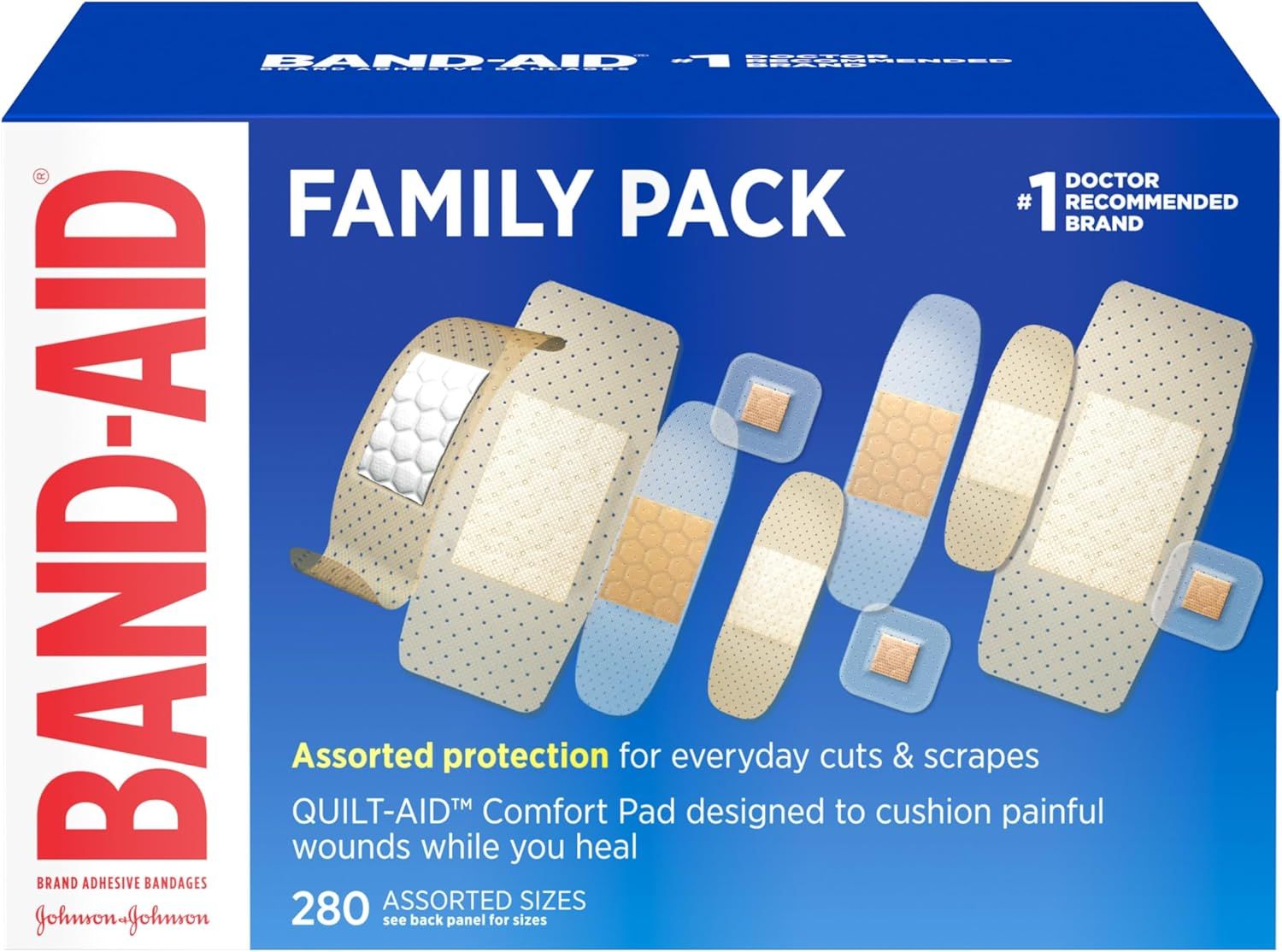 Shows the retail packaging to communicate the product is a family-sized pack with 280 assorted bandages, helping shoppers understand the quantity and value…