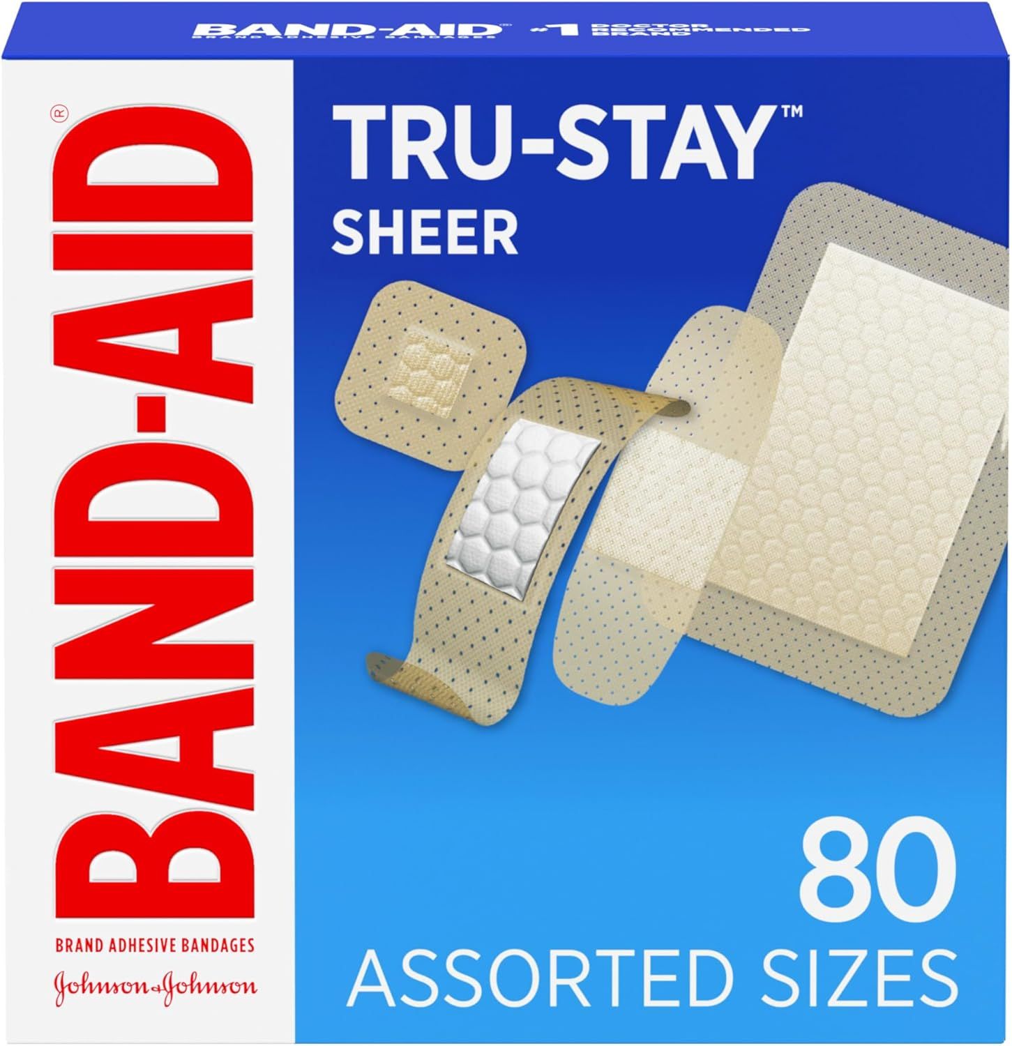 Shows the core product—Band-Aid adhesive bandages in their retail packaging—to communicate what the shopper is purchasing, including the Tru-Stay feature and…