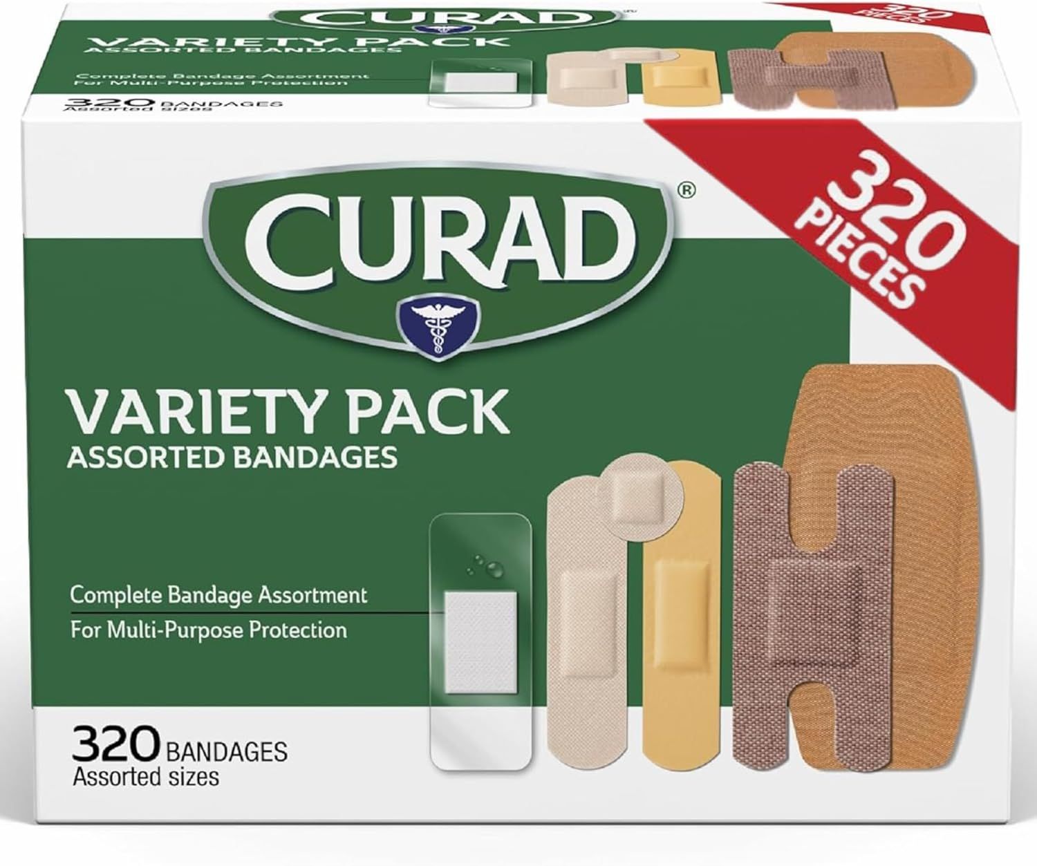 Shows the retail packaging of a Curad bandage variety pack containing 320 assorted bandages in multiple sizes and types, communicating the comprehensive…