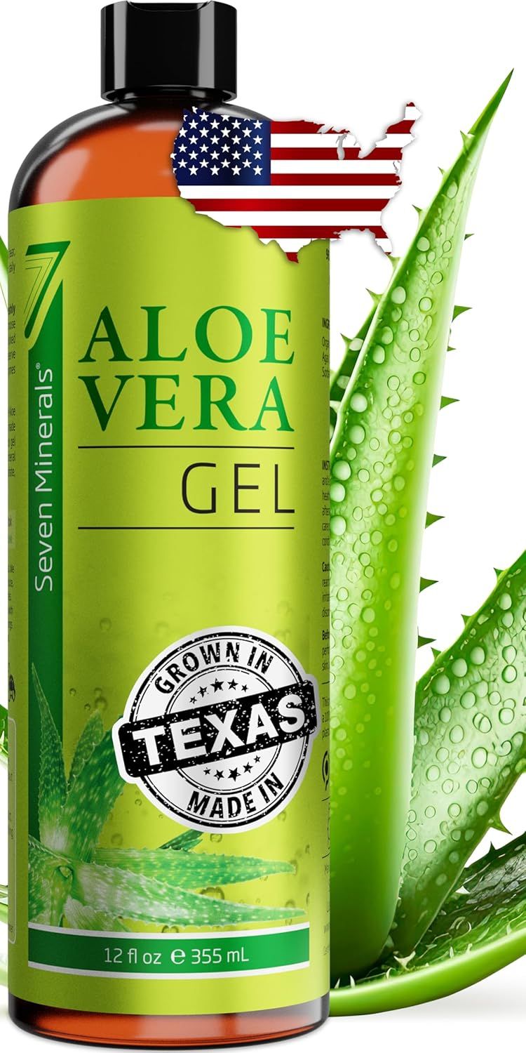Displays the core product—a bottle of Aloe Vera Gel—with clear branding and packaging to help shoppers identify what they are purchasing. Uses added visual elements including a USA flag overlay,…