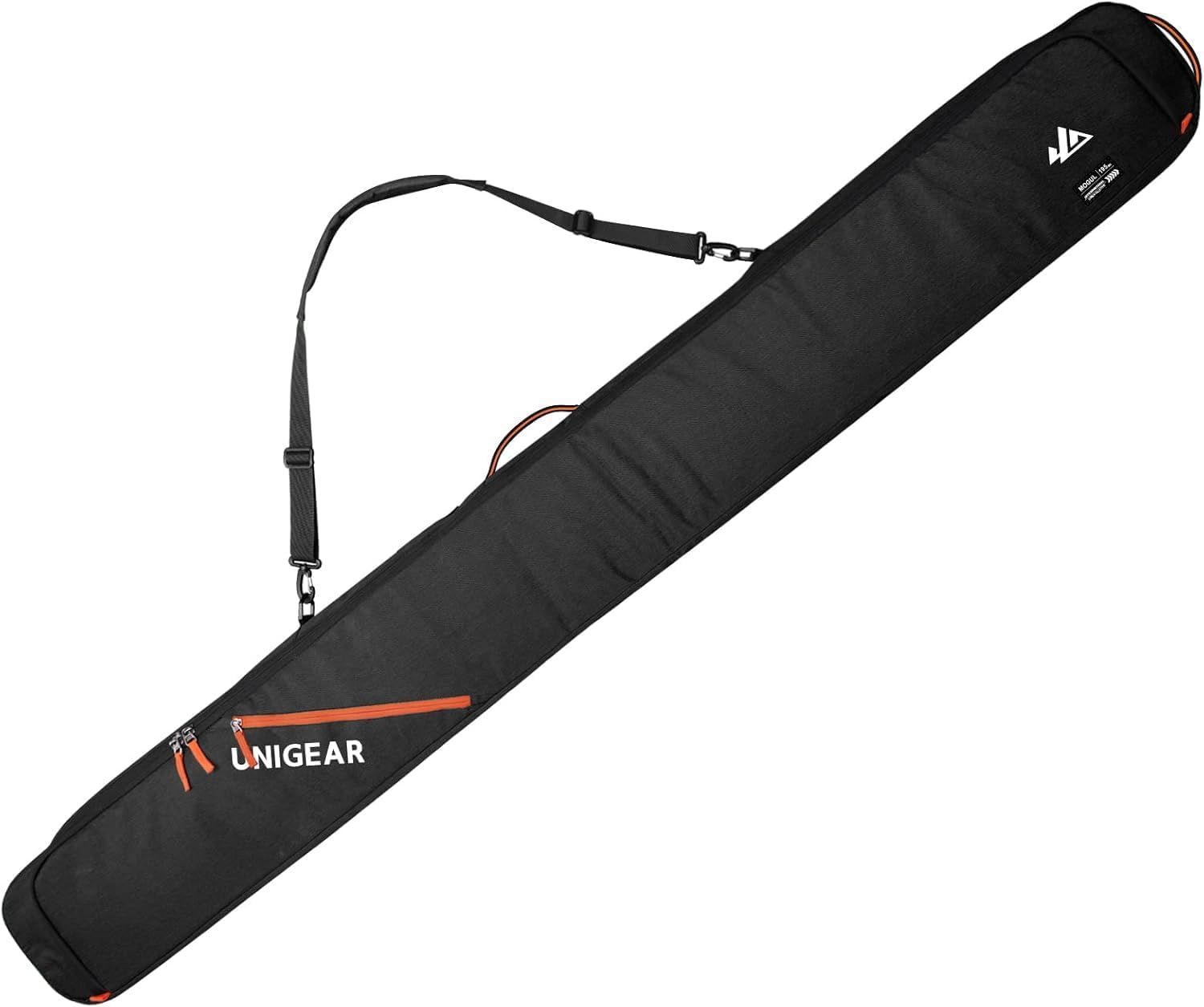 Displays the core product, a black ski or snowboard carrying bag with adjustable shoulder strap and storage pockets, showing its design and portability…