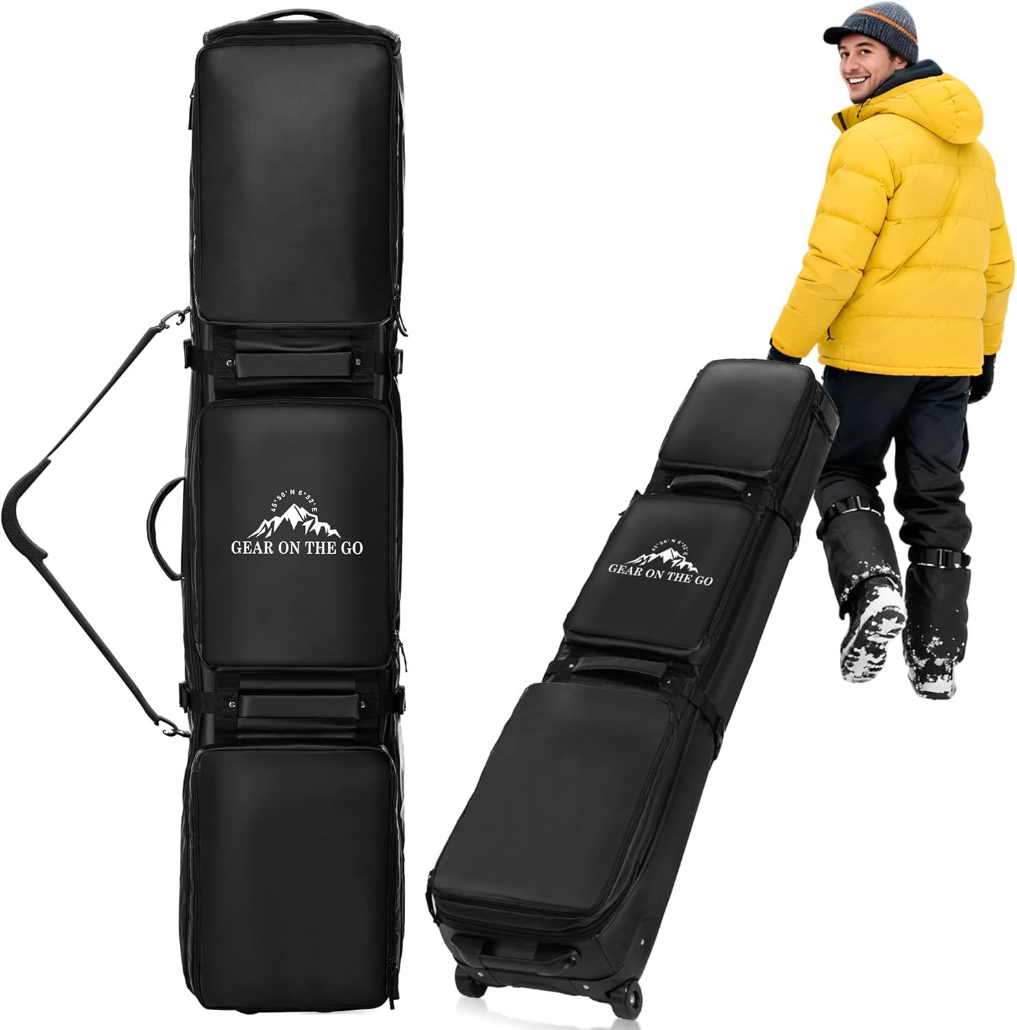 Shows the core product, a wheeled travel bag designed for transporting ski or snowboard equipment, displayed both as a standalone item and in use to communicate its design and functionality. Uses a…